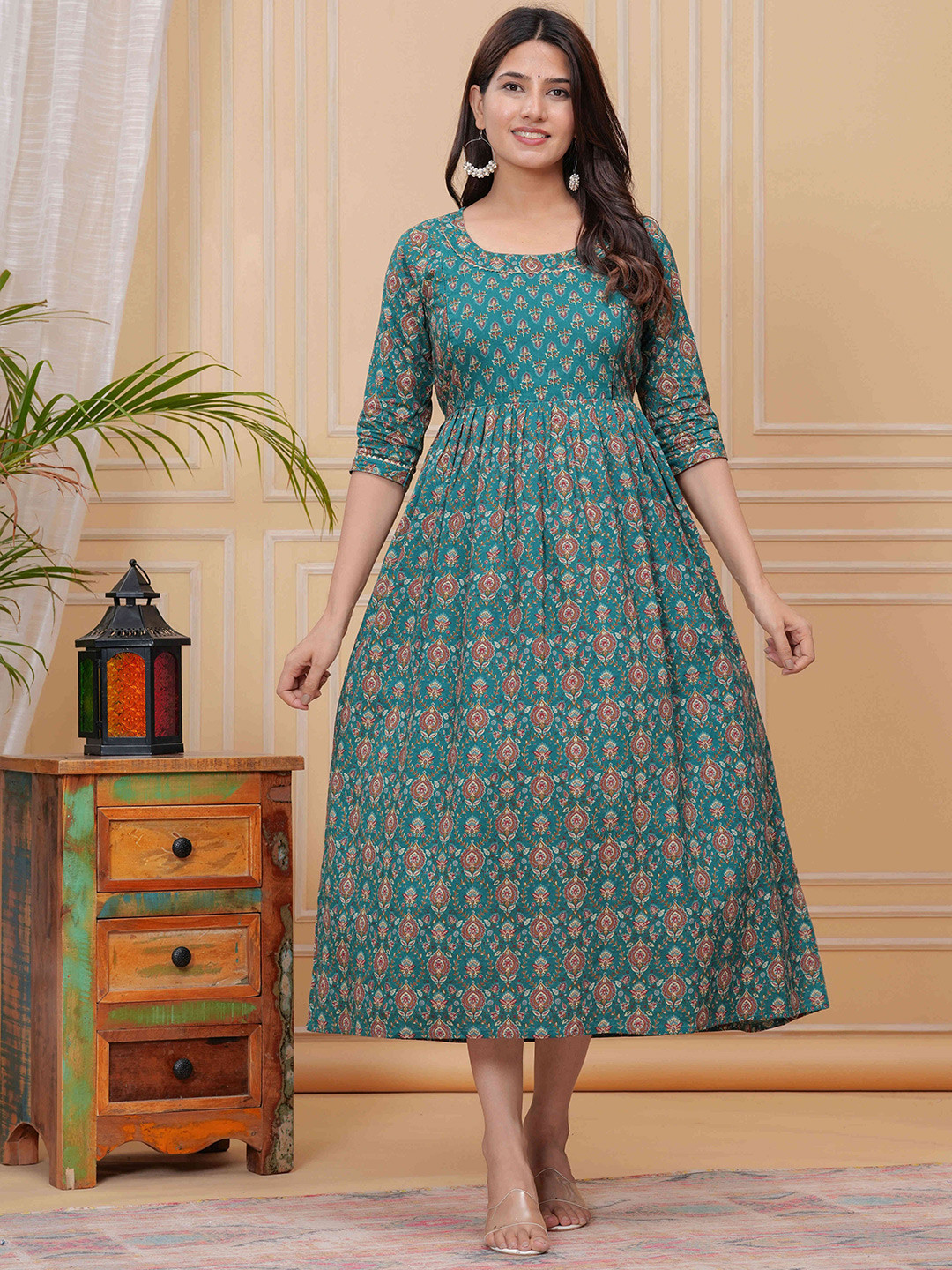 FEMARY Cotton Ethnic Motifs Printed Fit and Flare Maternity Dress
