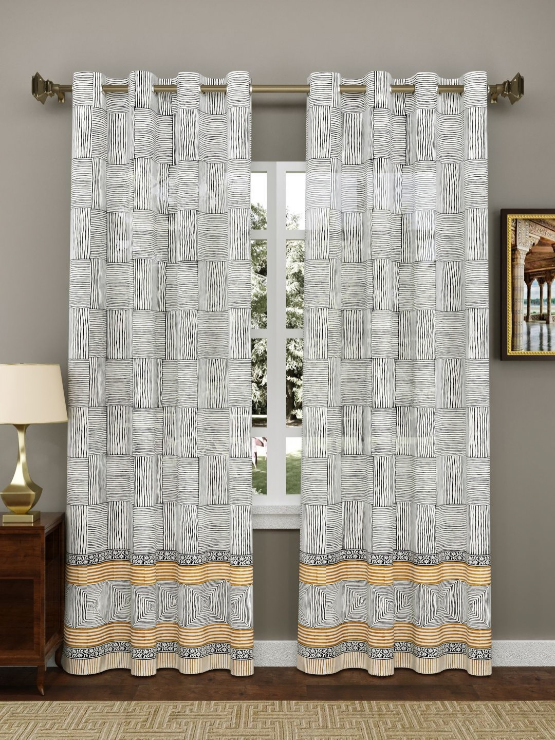 Myntra Elegant Homes Black & White 2 Pieces Cotton Eyelet Geometric Door Curtain