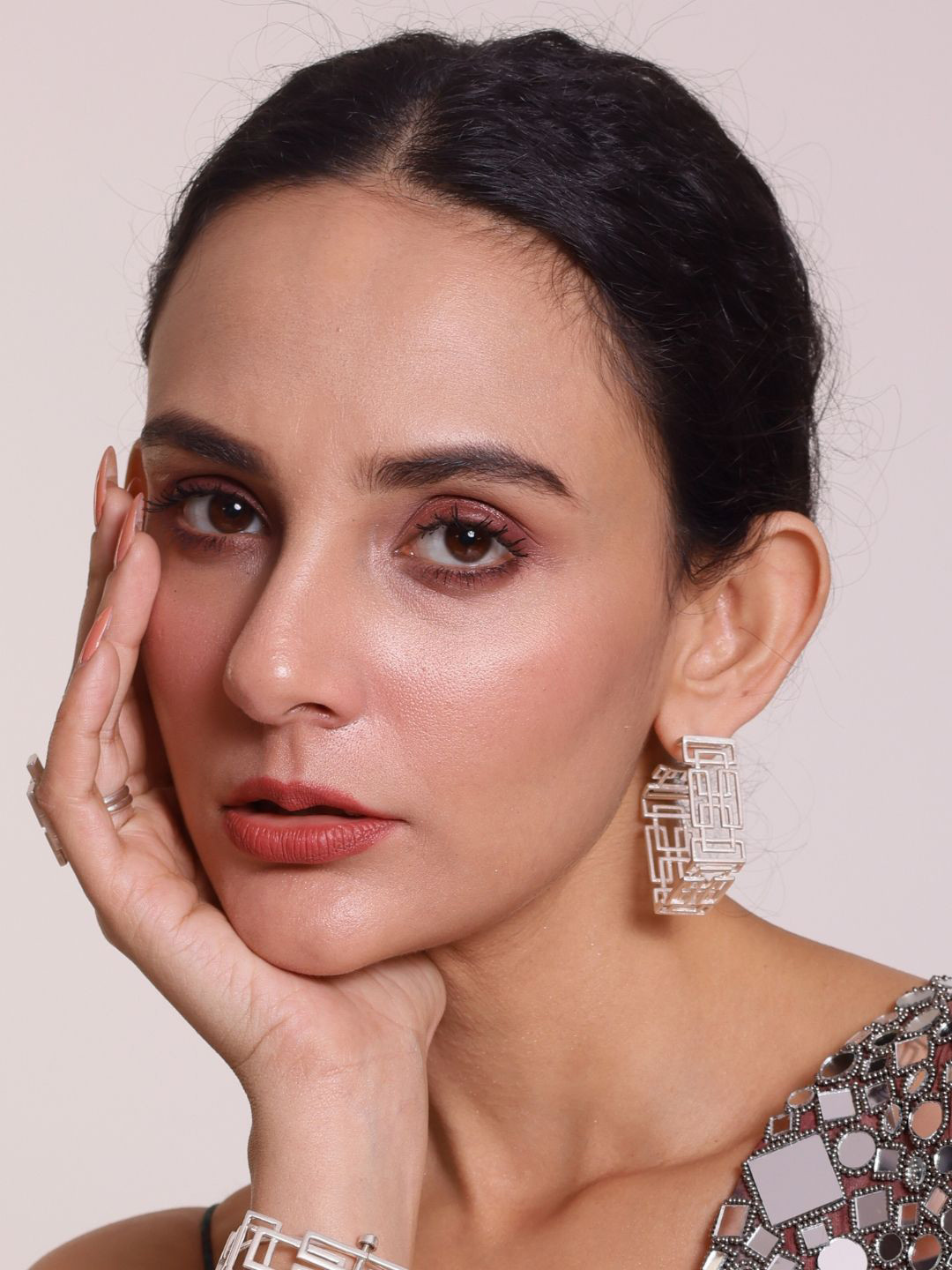 House of Pehr Silver Plated Puzzle Shaped Maya Hoop Earrings