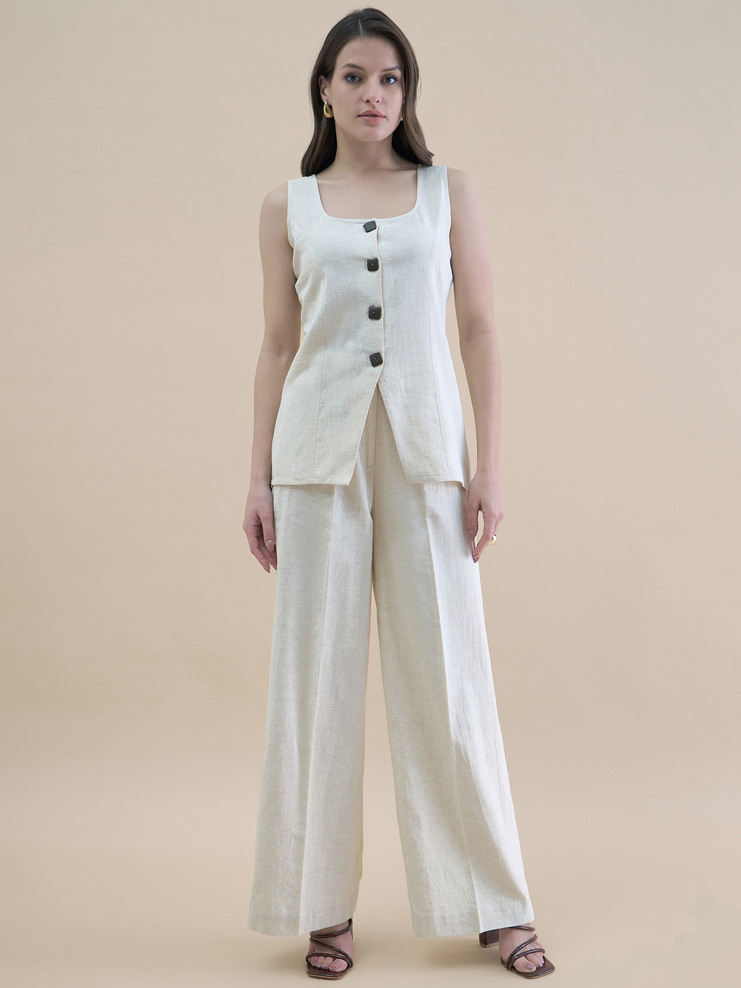 PowerSutra Beige U-Neck Linen Blend Tailored Waistcoat with Straight Fit Co-Ords