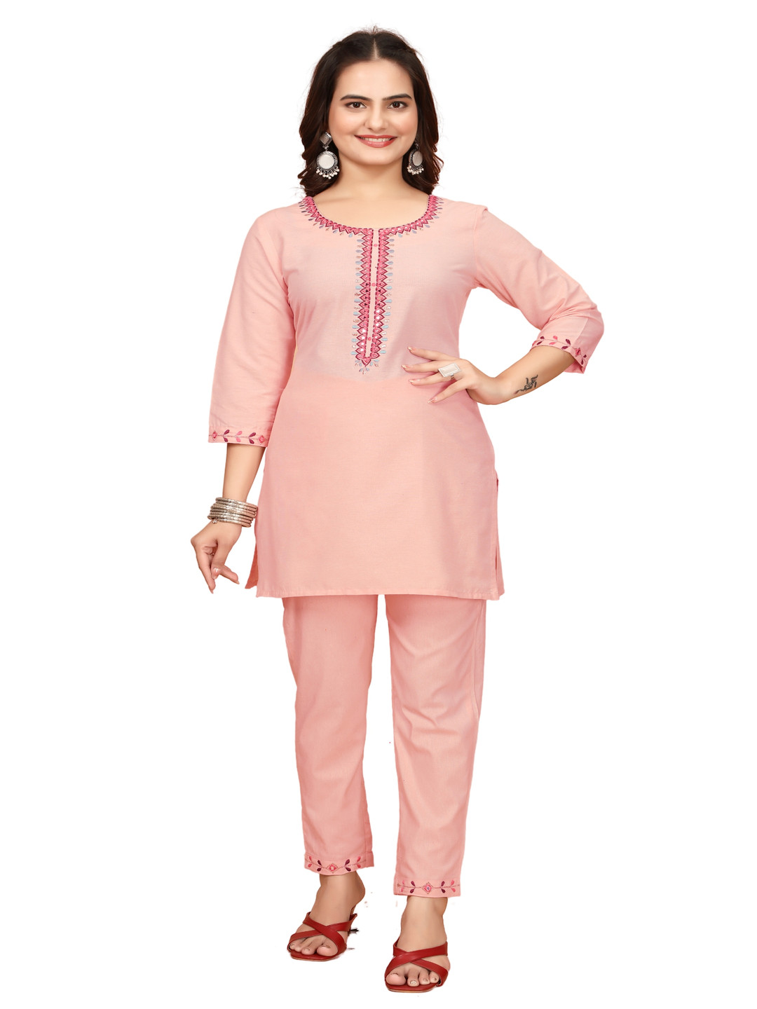 Anouk Peach Pure Cotton Round Neck Tunic With Trouser