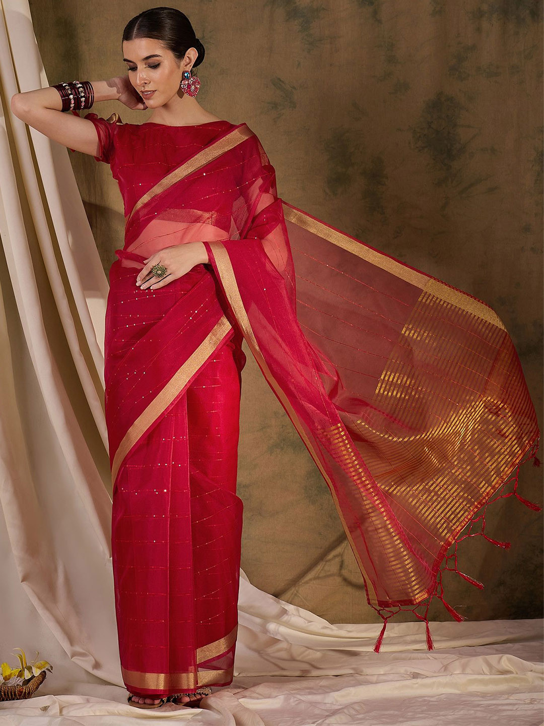 DEVATITHI Striped Zari Red Organza Silk Saree