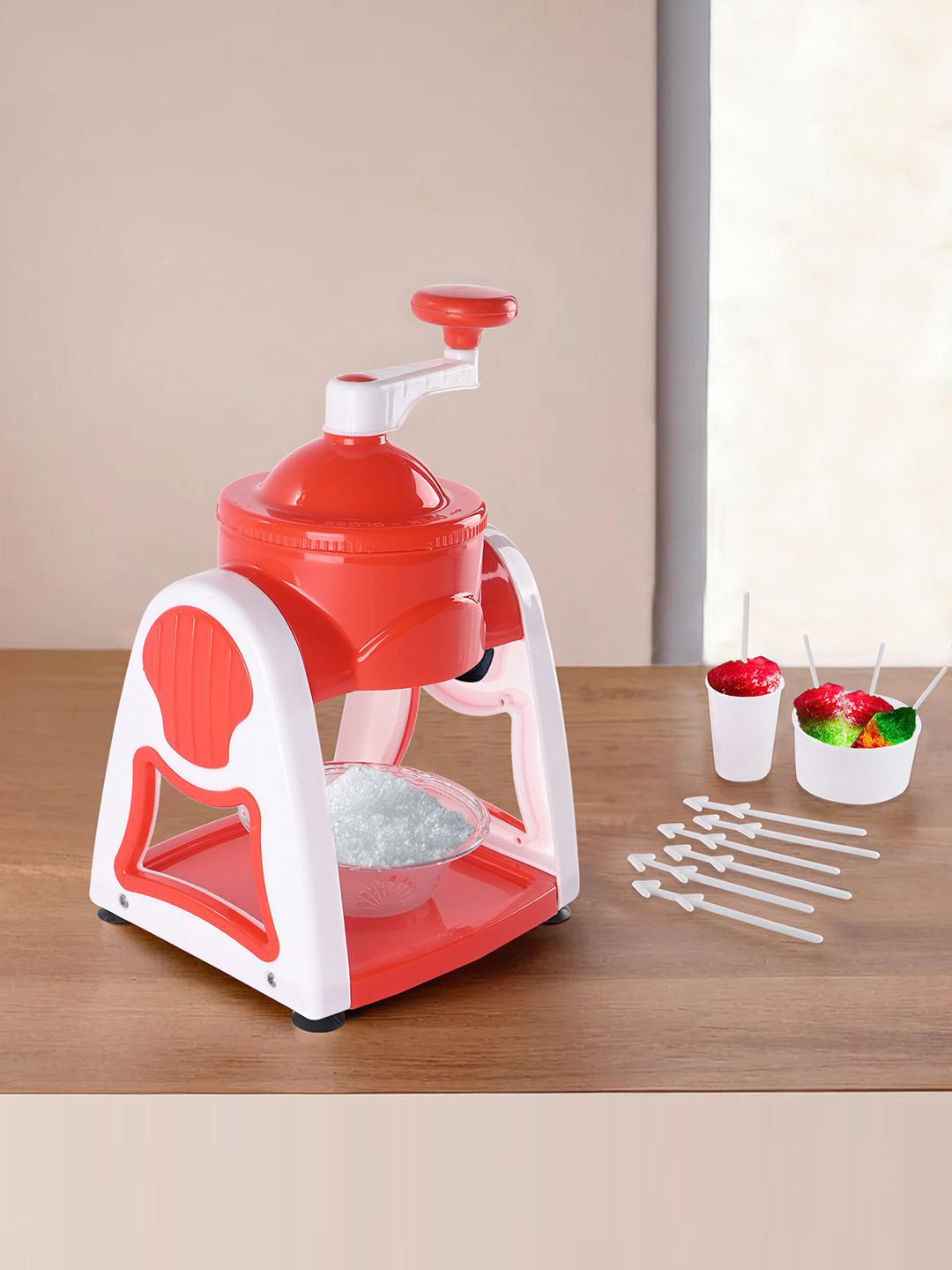Kuber Industries White & Red Ice Gola Maker Machine Home & 3 Bowl 6 Sticks 1 Glass & Dish