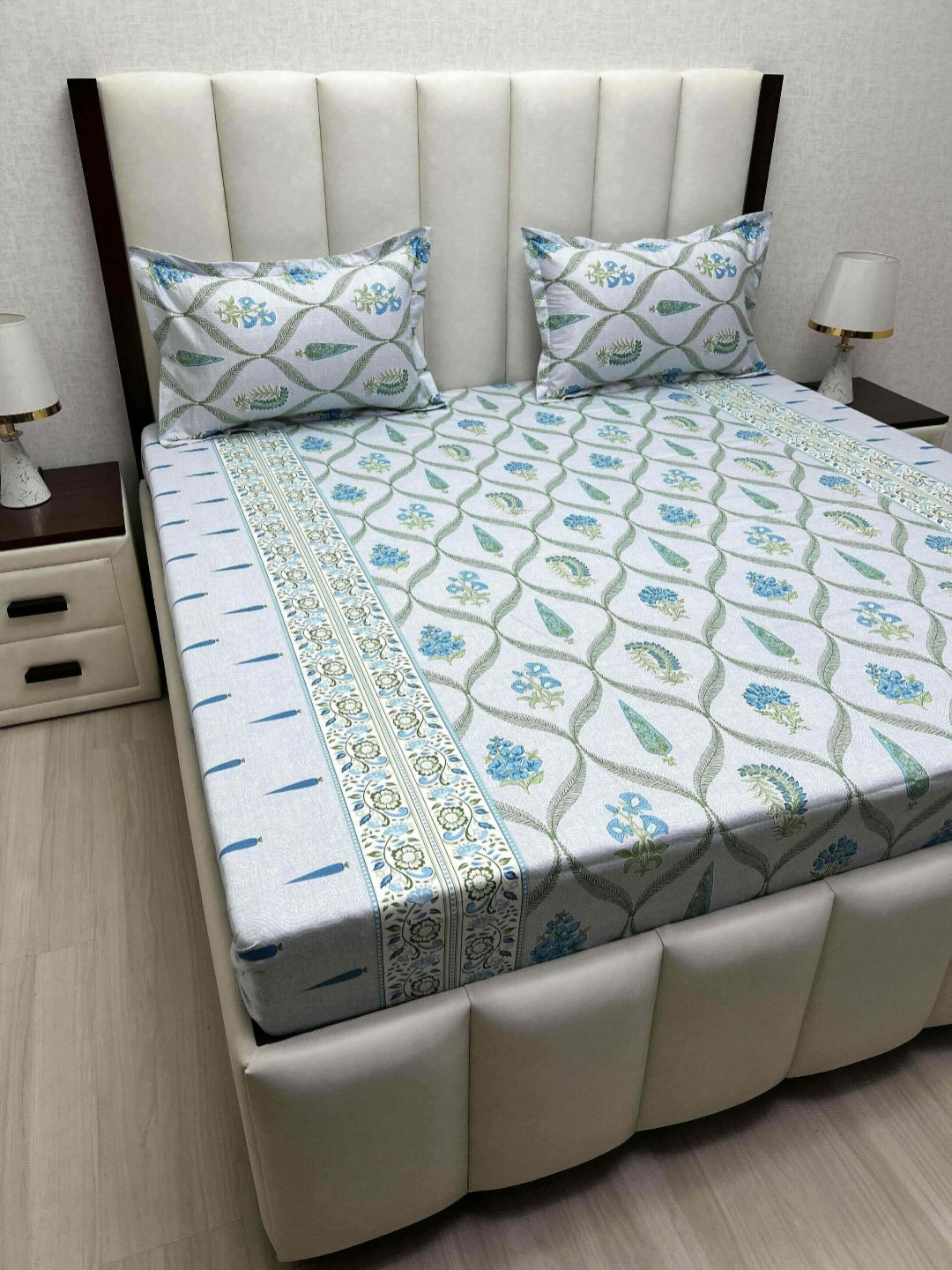 Pure Decor Royal Passion Green Floral Pure Cotton 400 TC Queen Superfine Bedsheet with 2 Pillow Covers-90 x 100 inches