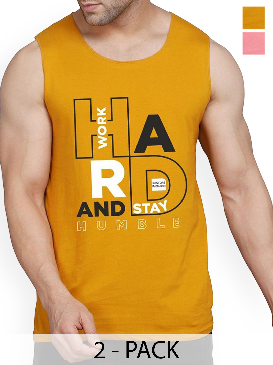 WOOSTRO Pack Of 2 Printed Combed Cotton Gym Vest RS26 CMB (HARD MUSTARD) (HARD PEACH)