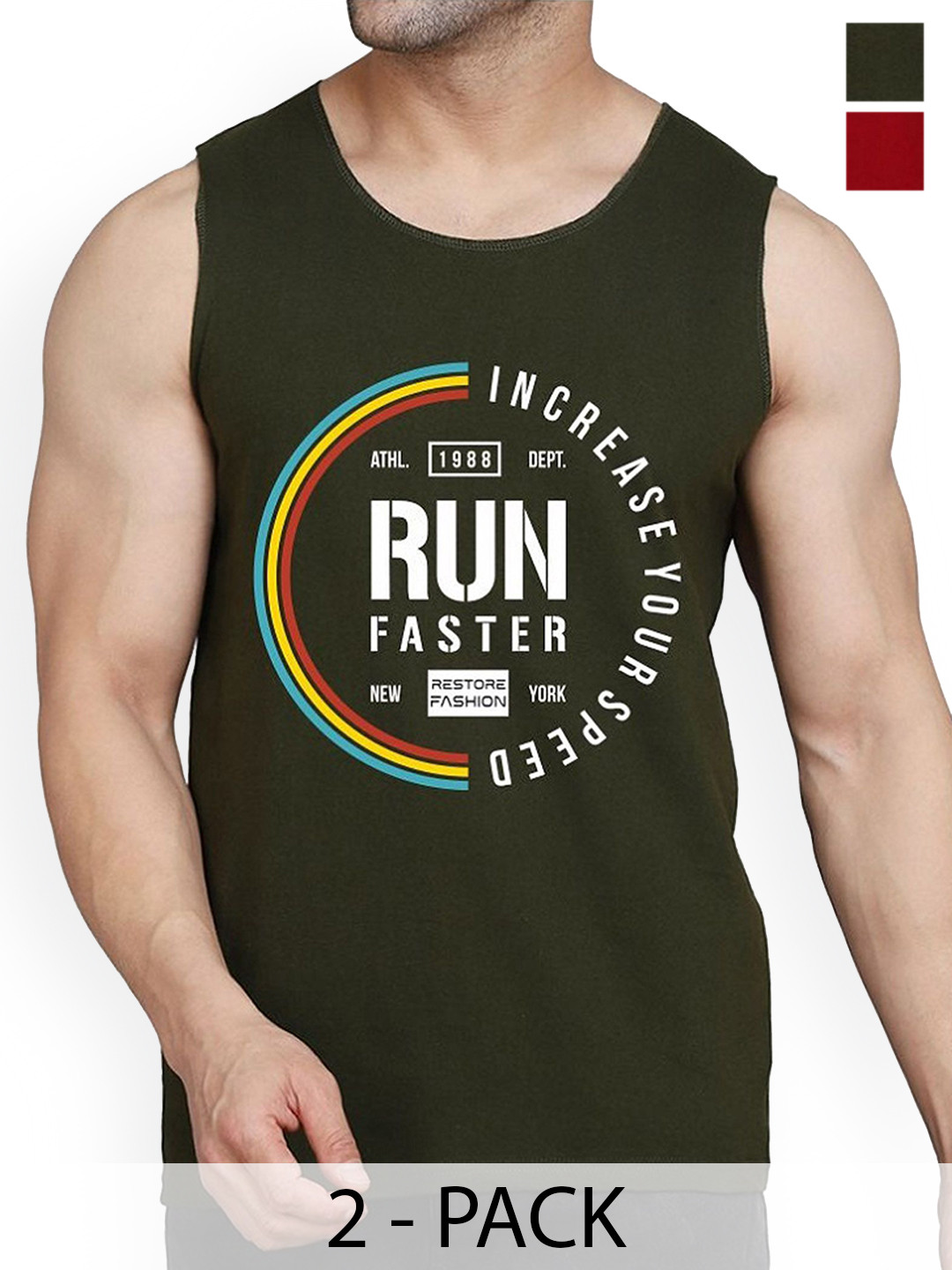 WOOSTRO 2-Pcs Printed Cotton Innerwear Vests RS26 CMB (RUN OLIVE) (98 MAROON)