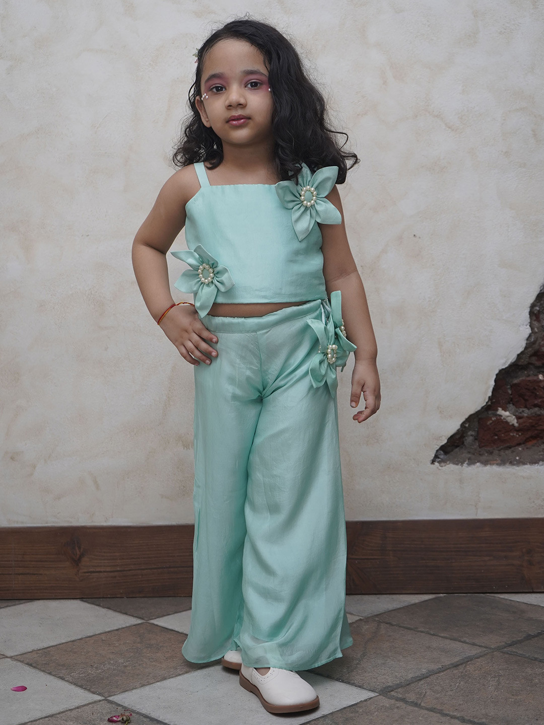 Funny Bones Clothings Pure Organza Top & Palazzo Set With Pearls Embeded Handwork Sunflower