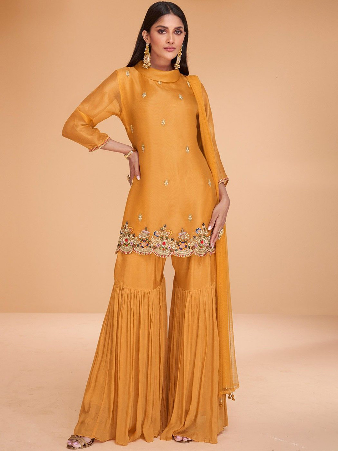 Panash India Floral Embroidered Boat Neck Organza Kurta With Sharara And Dupatta