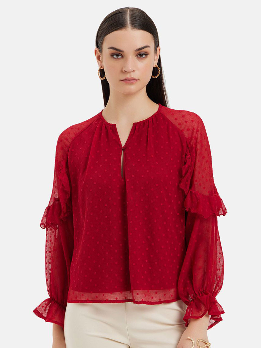 Kazo Rosa Ruffle Detail Raglan Sleeve Chiffon Top