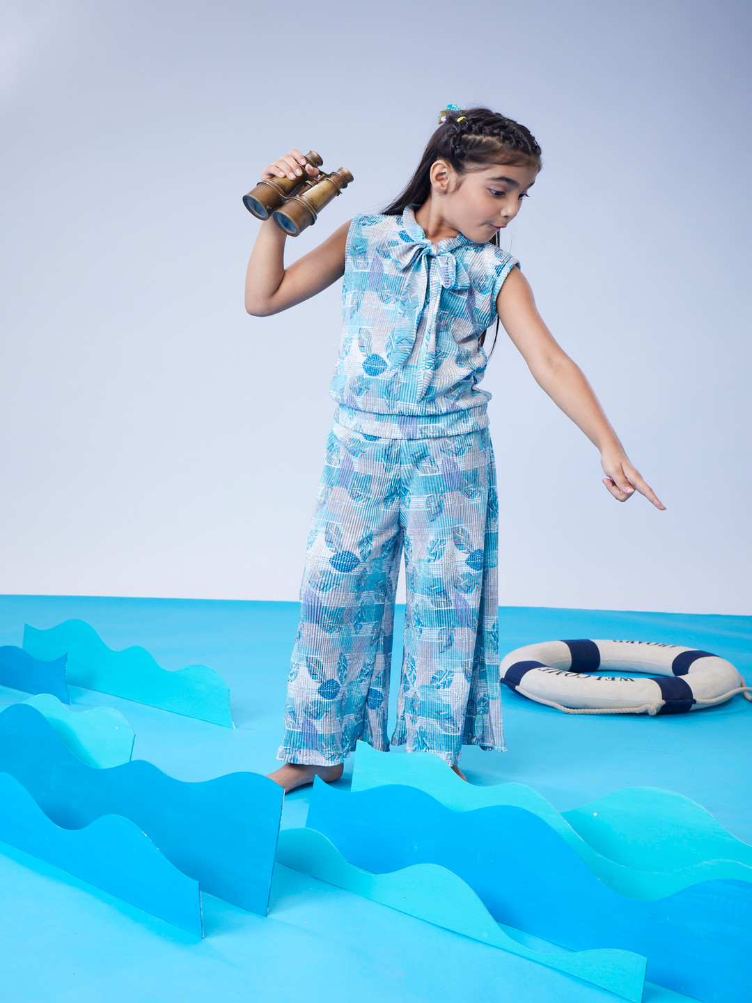 MASTARANG Girls Paisley Printed With Bow Tie Up At Neckline Pure Cotton Top With Trousers