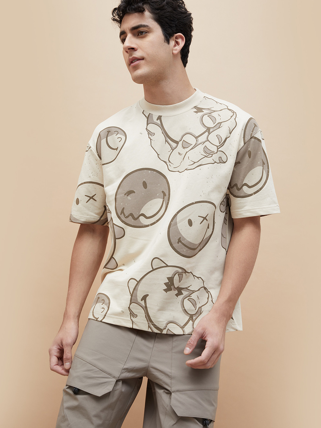 SmileyWorld Men Graphic Printed Round Neck Cotton Oversized T-shirt