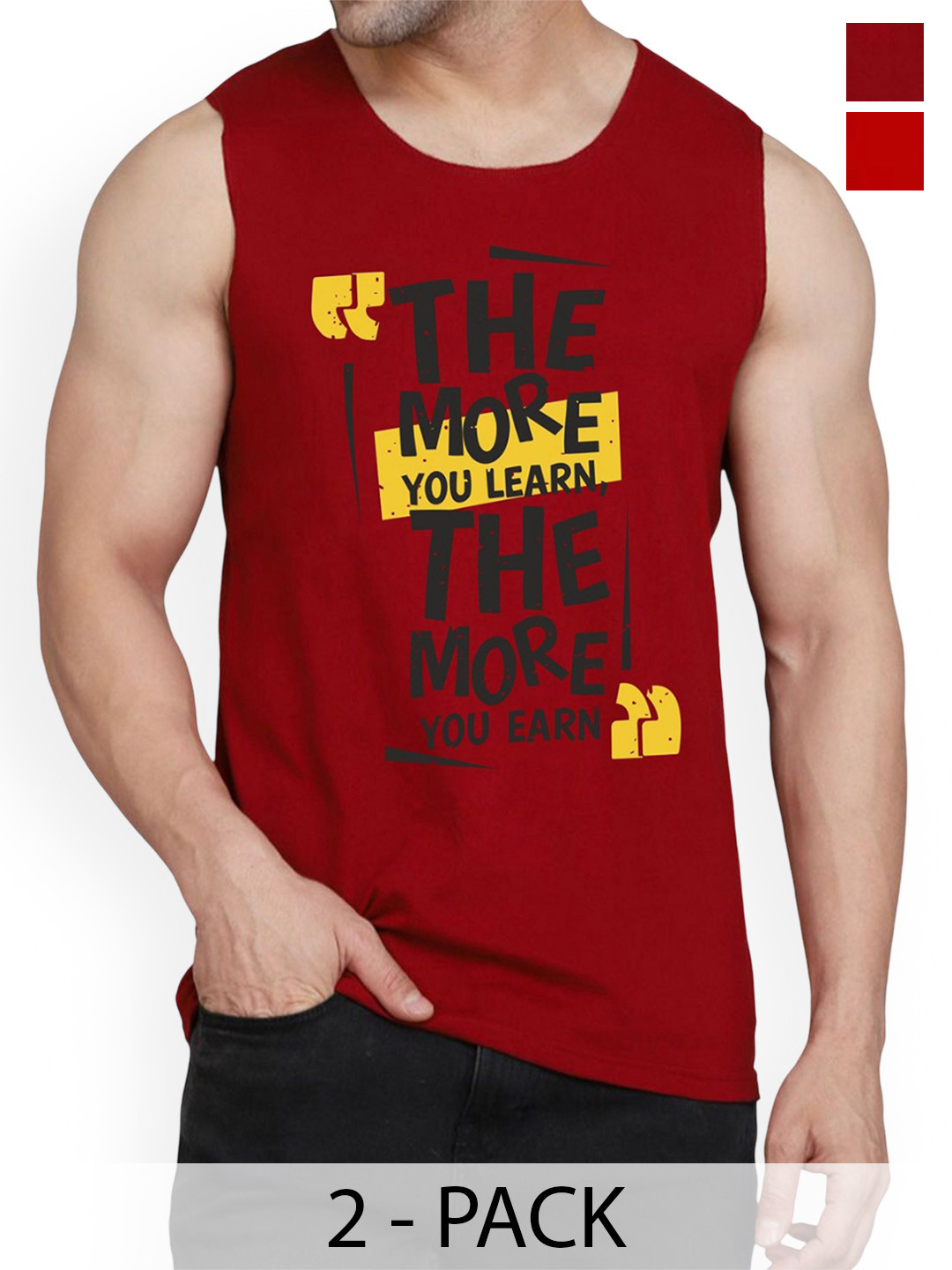 Woostro Pack Of 2 Printed Cotton Gym Vests RS26 CMB (MORE MAROON) (HARD RED)