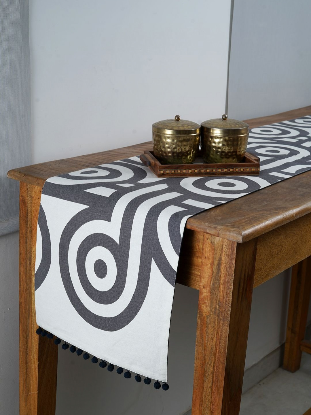 Ratan Cart Charcoal & White Geometric Printed Table Runner