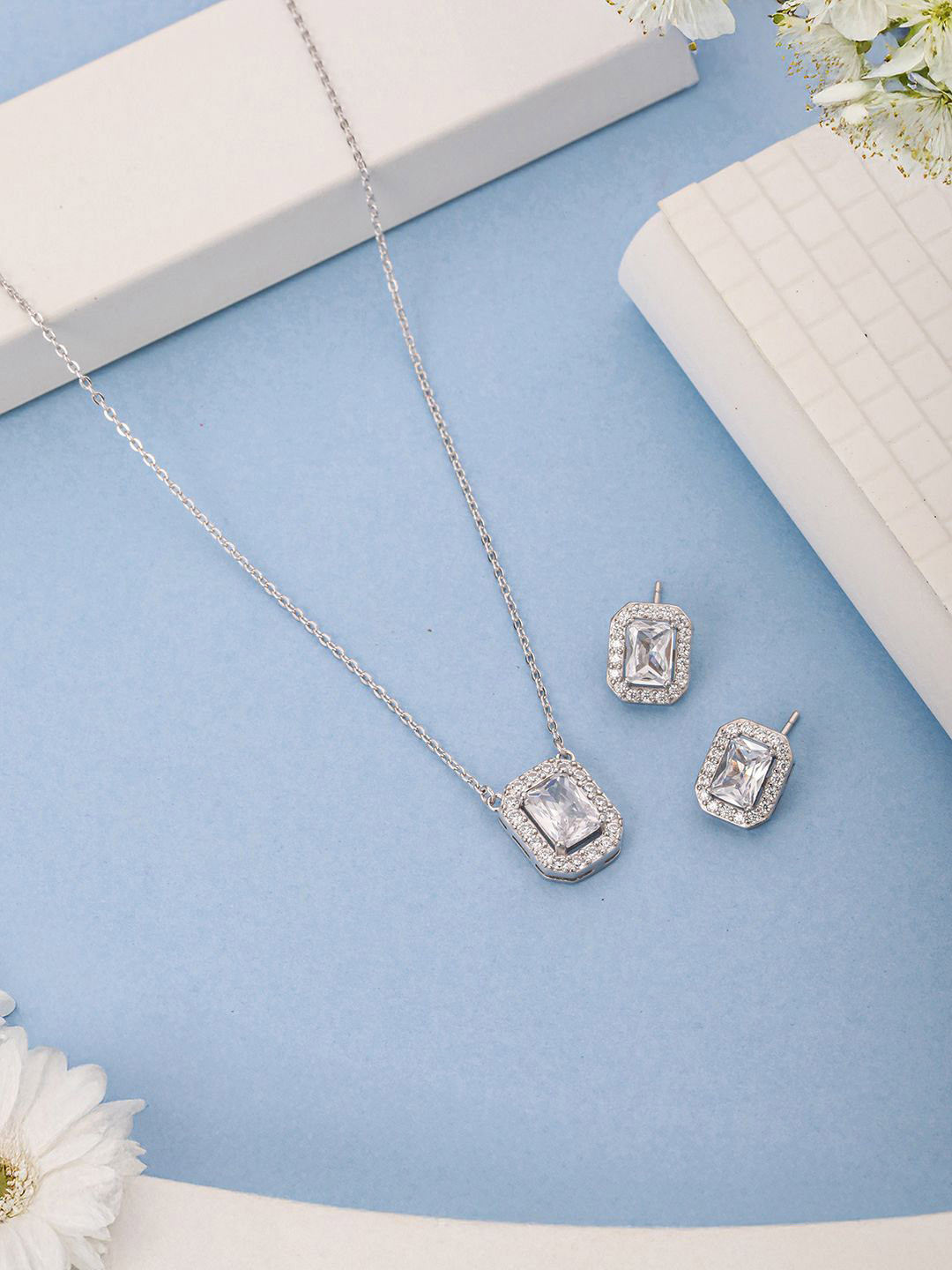 SARAF SILVERETZ 925 Sterling Silver-Plated CZ Studded Geometric Solitaire Jewellery Set