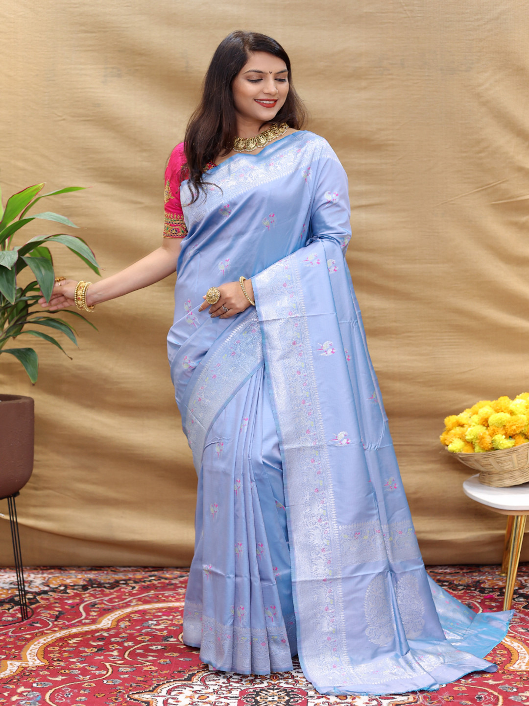 amirat Perrot Silver Ethnic Motifs Woven Design Zari  Banarasi Saree