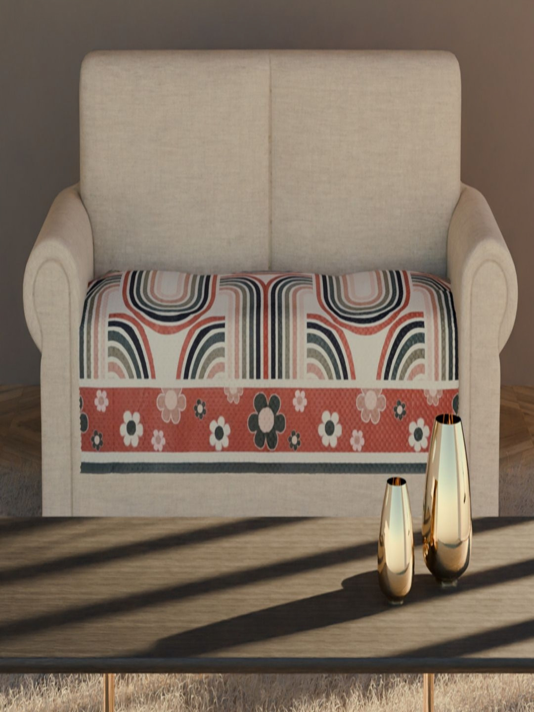 Fashion Throw Beige & Green Floral Printed Velvet 2 Seater Sofa Cover
