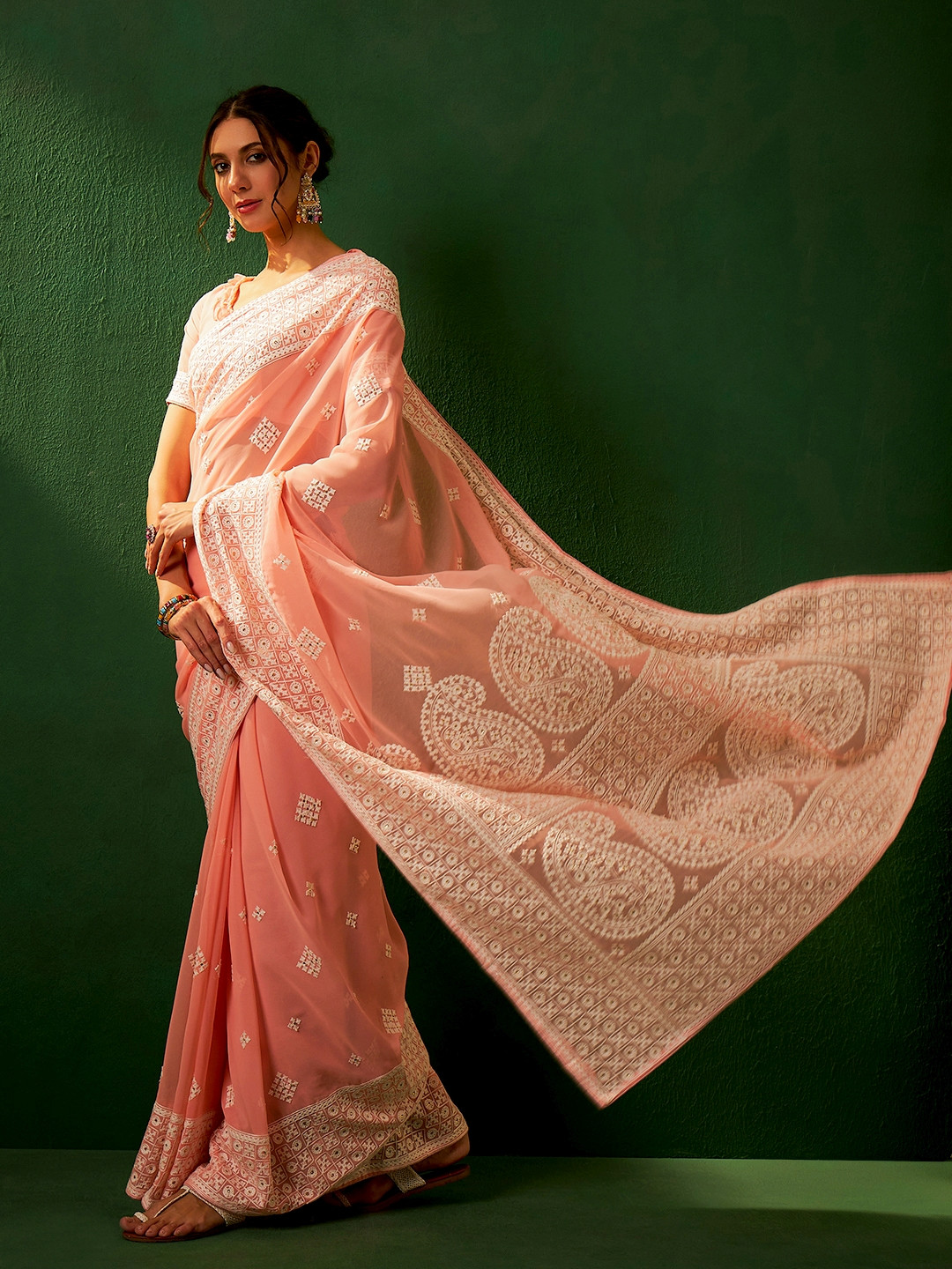 DEVATITHI Peach Georgette Saree