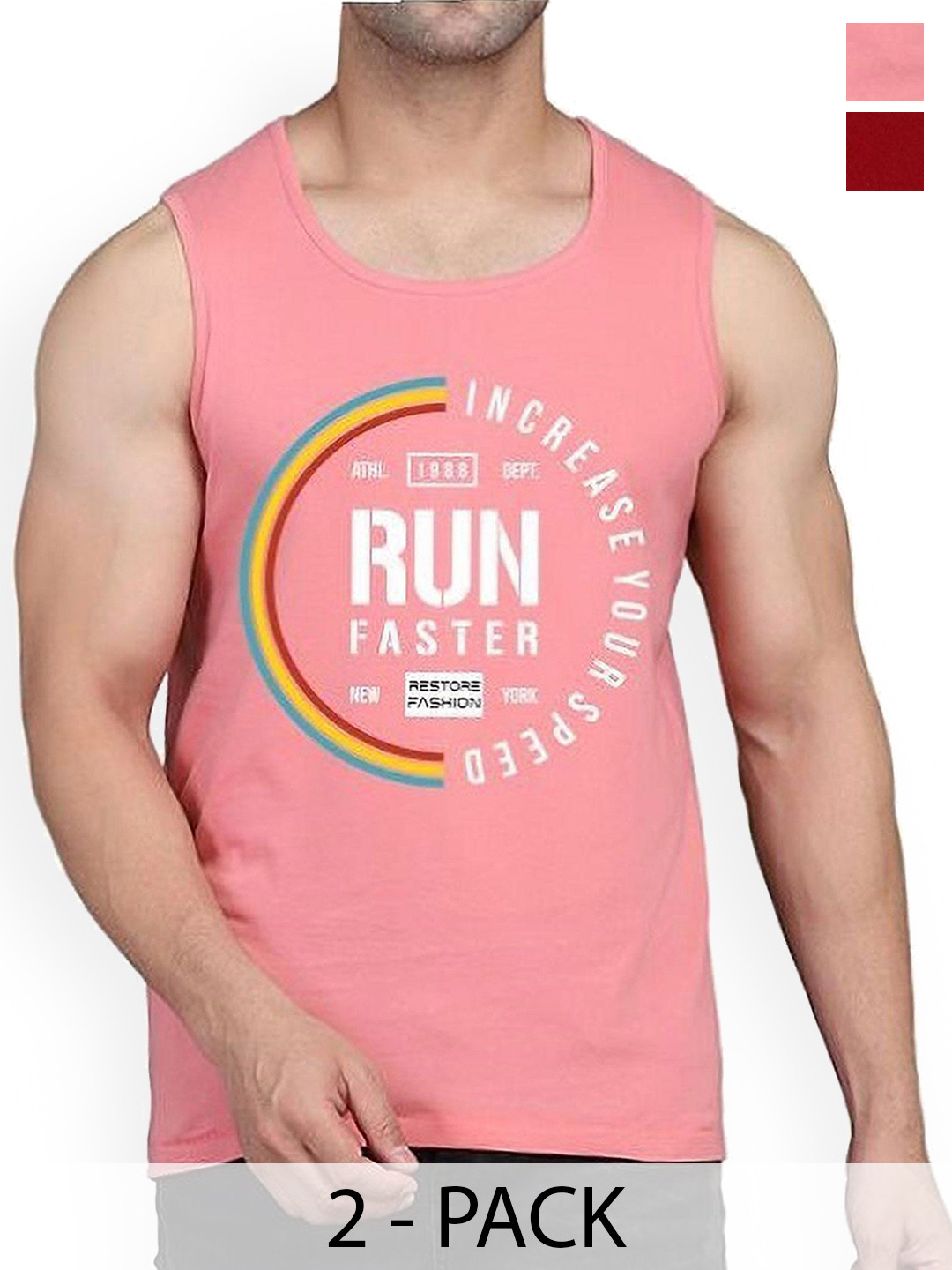 WOOSTRO Pack Of 2 Printed Combed Cotton Gym Vest RS26 CMB (HARD MAROON) (RUN PEACH)