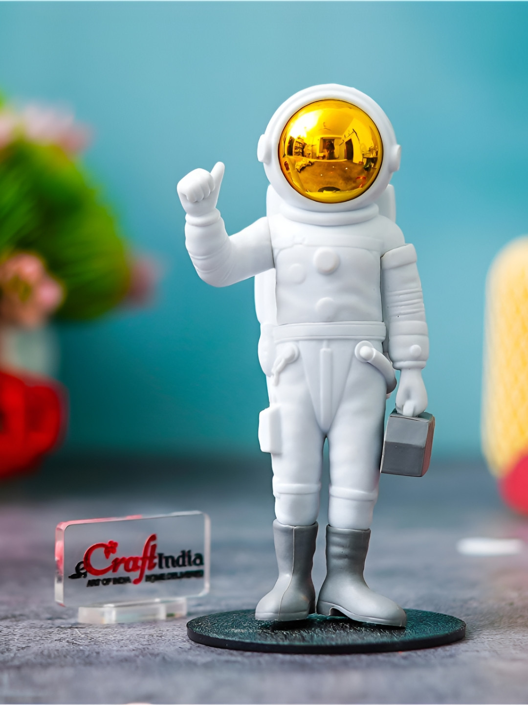 eCraftIndia Standing Astronaut White Resin Glossy Living Room Small Showpiece - 2.4 Inches