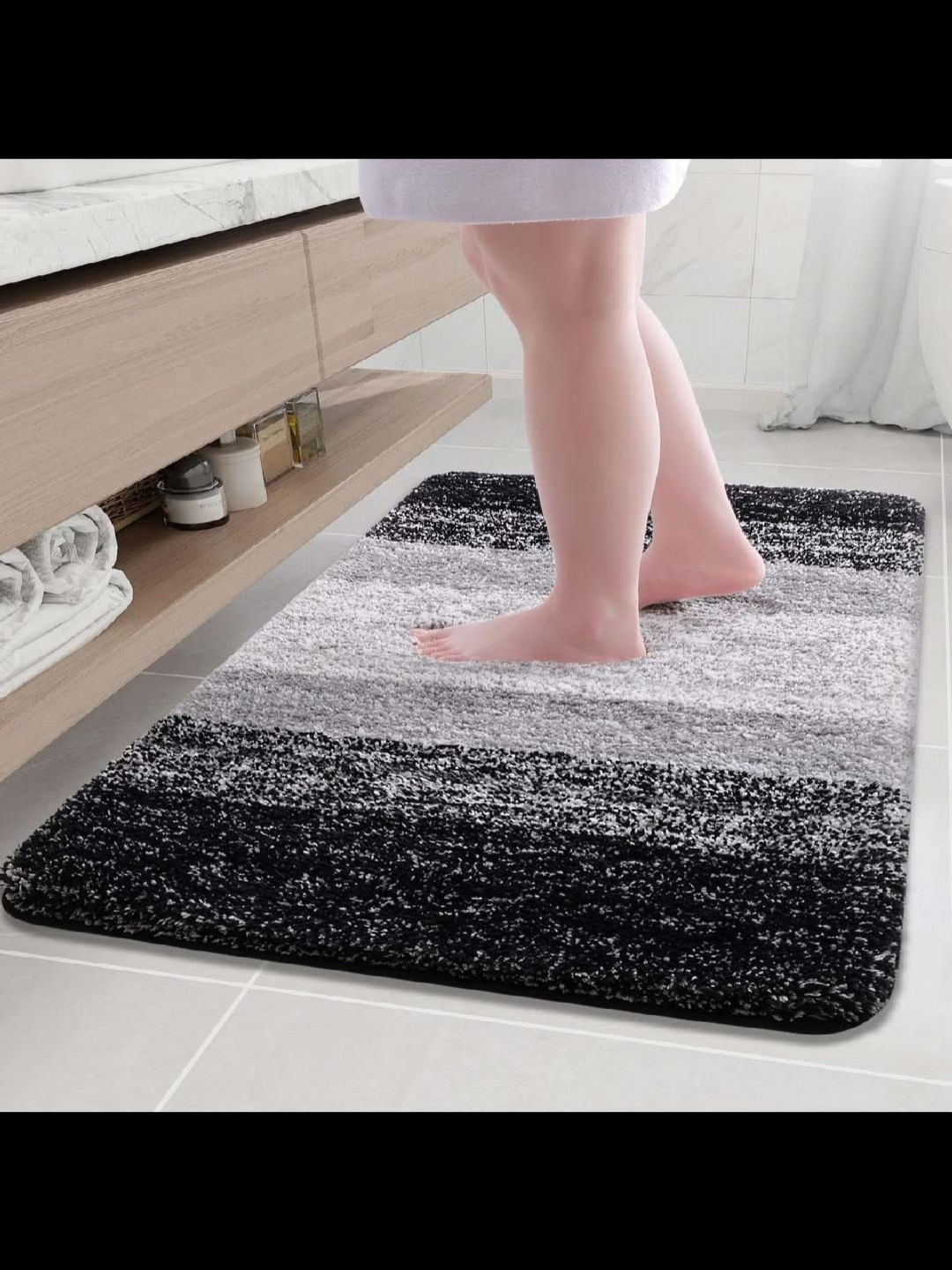 MAA HOME CONCEPT Black & White Striped Microfiber 1500 GSM Anti Skid Bath Rug