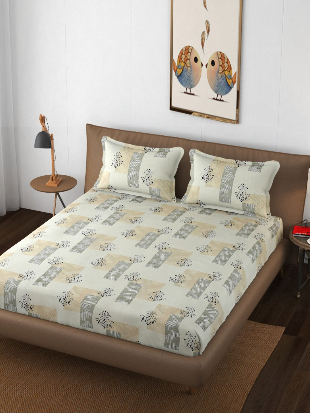 THE little BIG STORE Breeze Cream Floral Cotton 260 TC Fitted King Fine Bedsheet with 2 Pillow Covers-180 x 190 cm