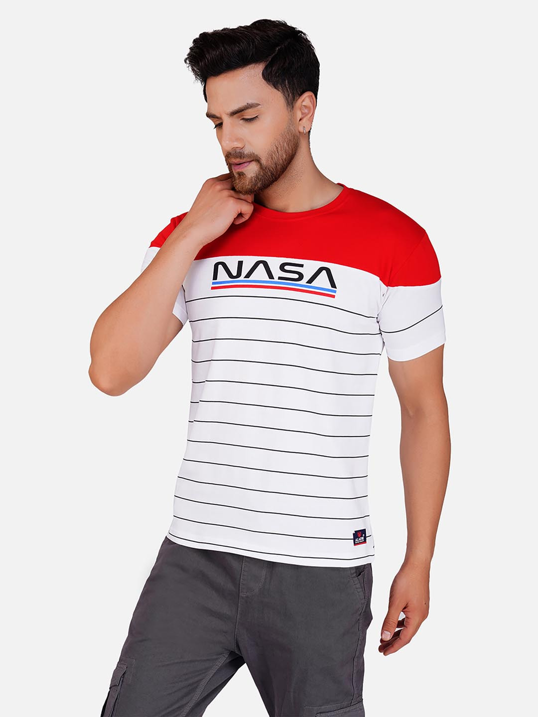 ALARM Men NASA Striped Round Neck Cotton T-shirt