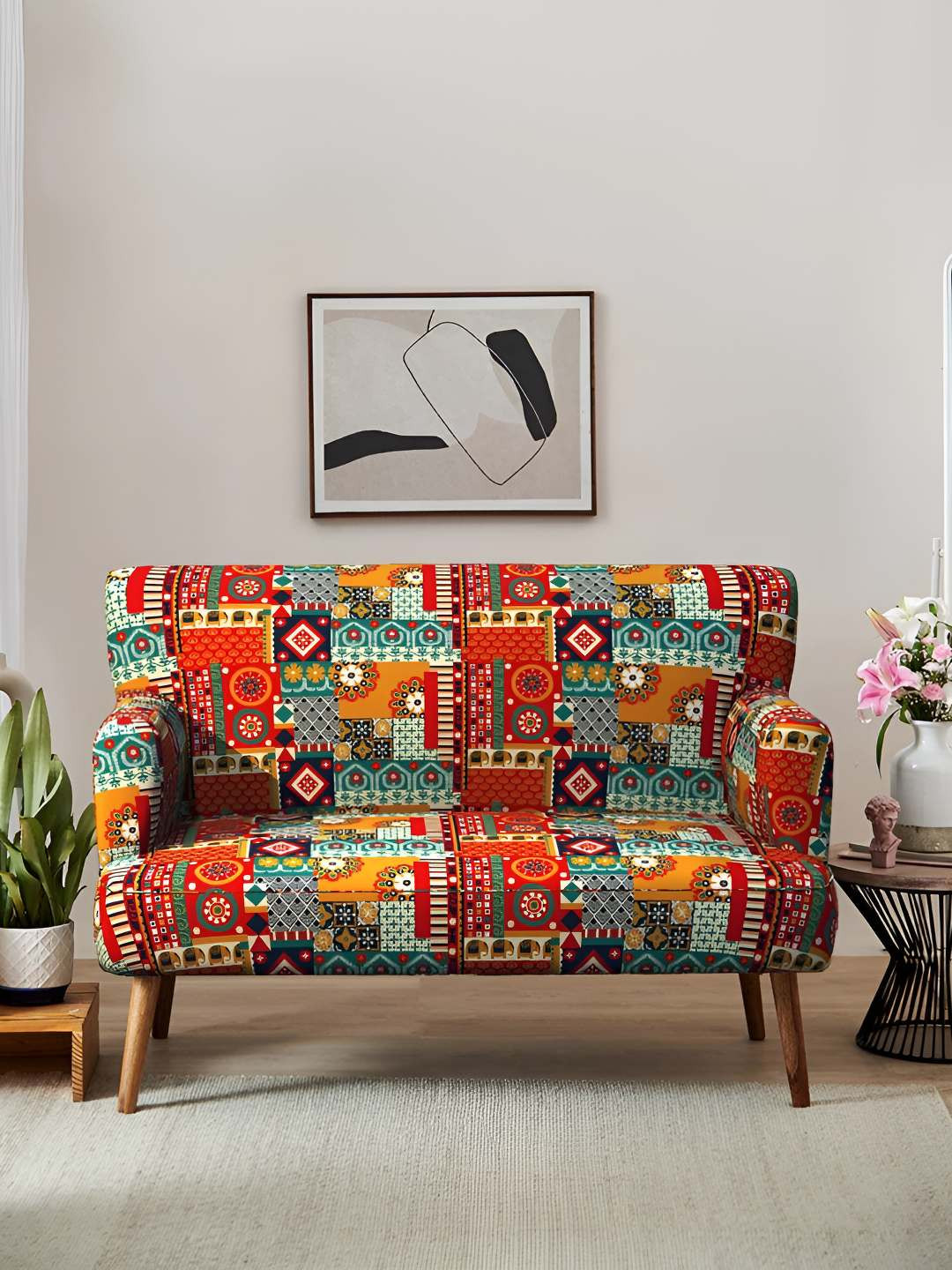 Chumbak Red & Yellow Jodhpur Love Seat - Floral Swirls 2 Seater Inflatable Sofa & Bed