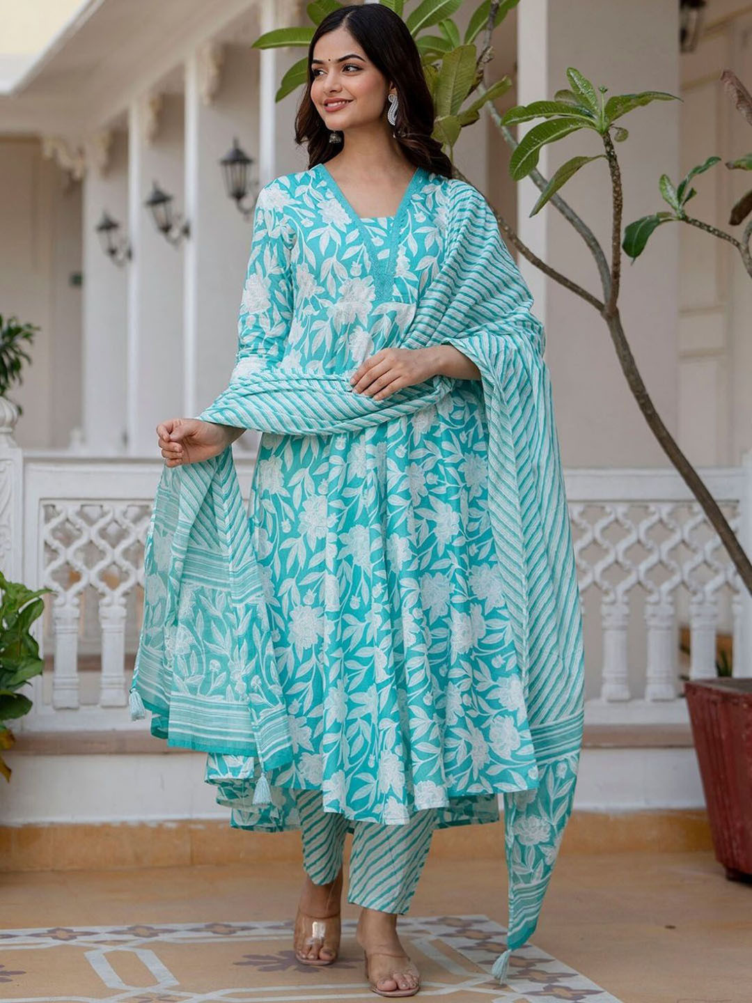 GEKHA Floral Printed V-Neck Pure Cotton Anarkali Kurta With Trousers And Dupatta