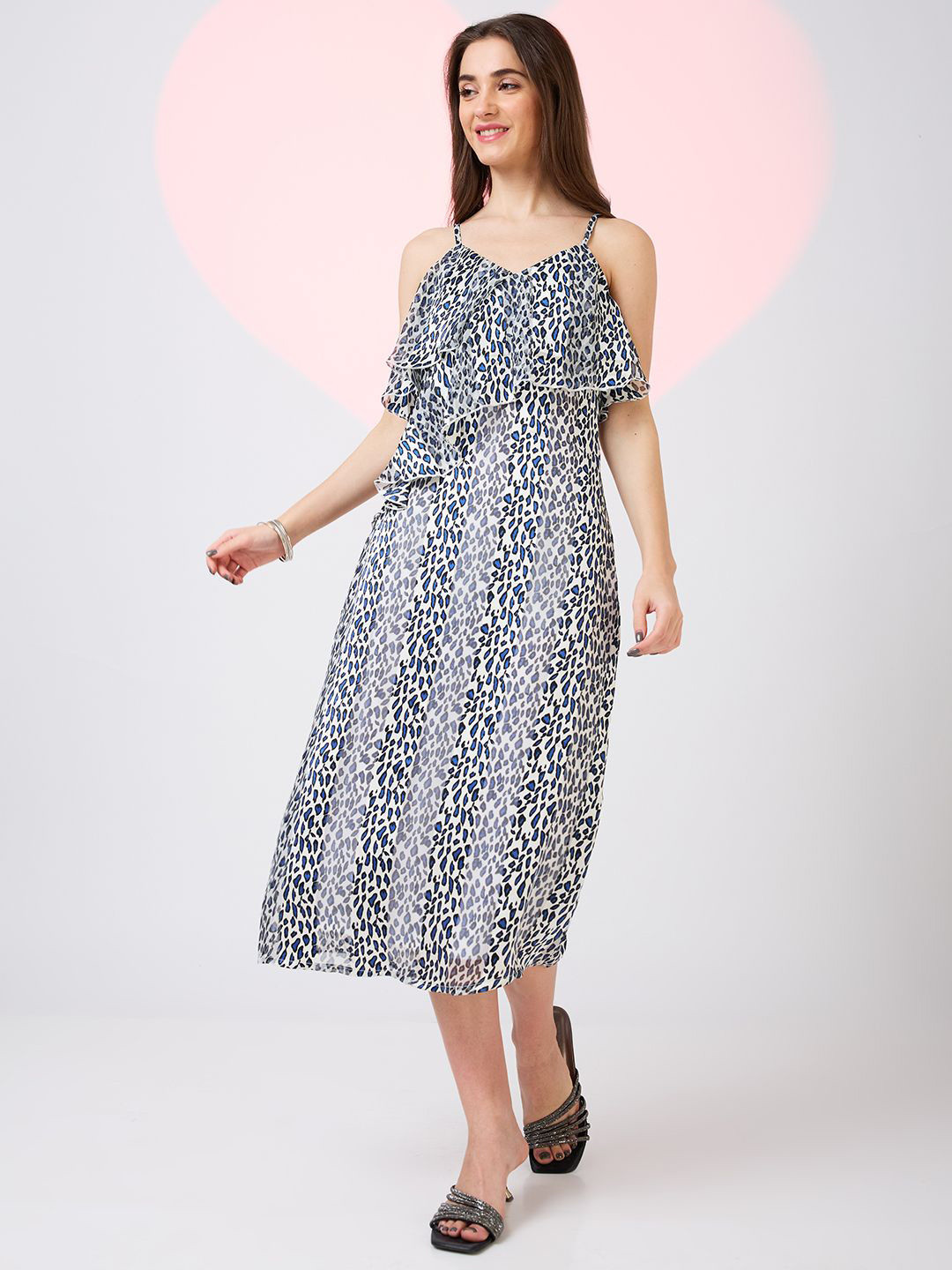 Globus V-Neck Strappy Shoulder Animal Print Ruffles Detail Midi A-Line Party Dress