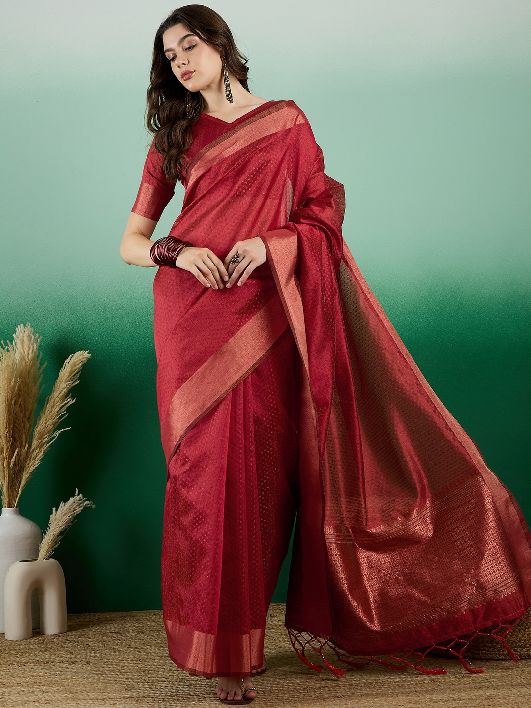 DEVATITHI Solid Woven Design Zari Organza Red Khadi Saree