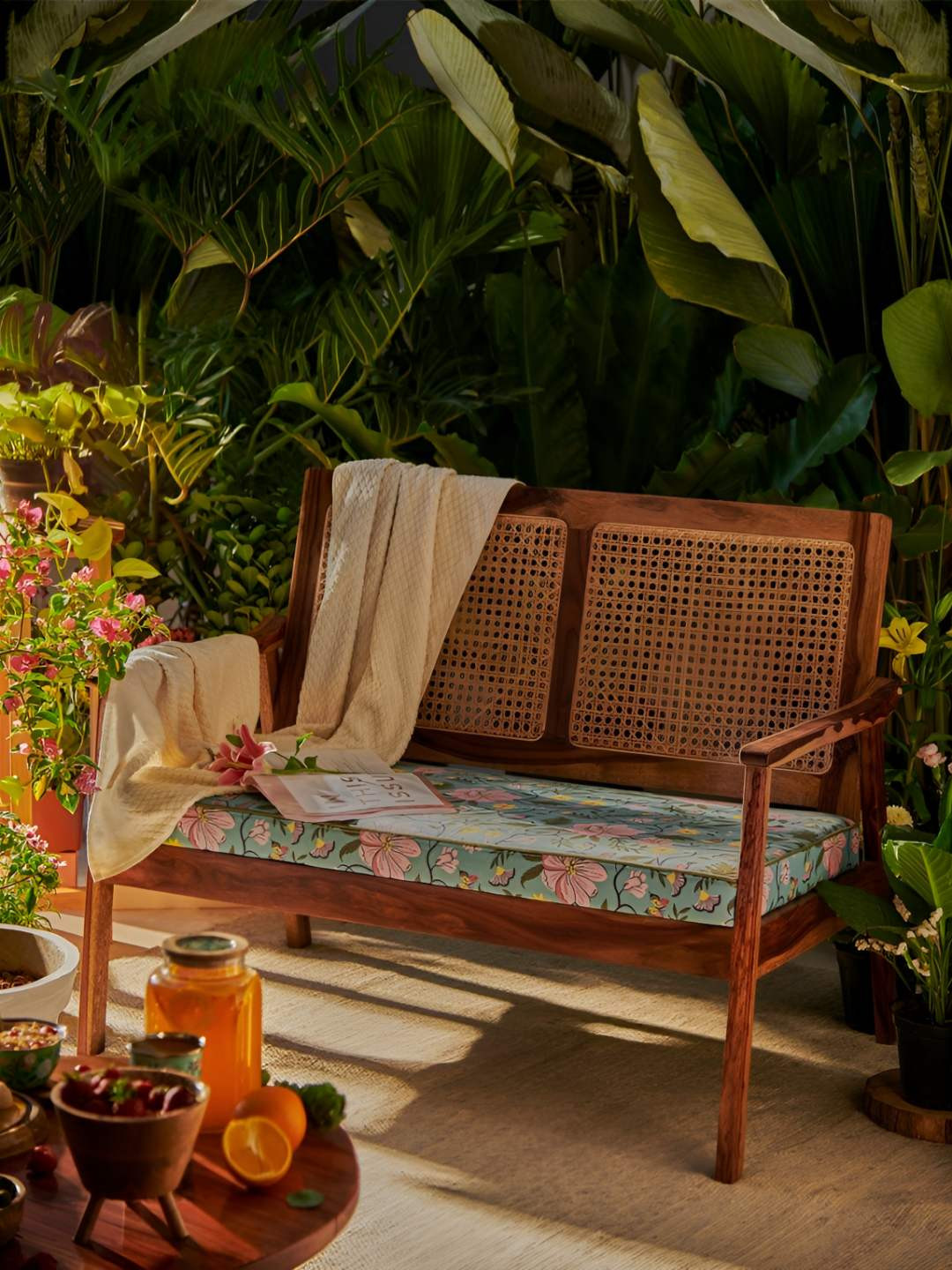 Chumbak French Rattan Loveseat Spring Bloom Teal Blue Printed Two Seater Inflatable Sofa