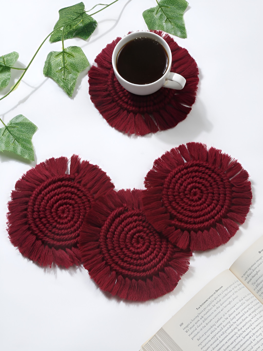 My Creative Hut Maroon 4 Pieces Textured Macrame Round Coasters