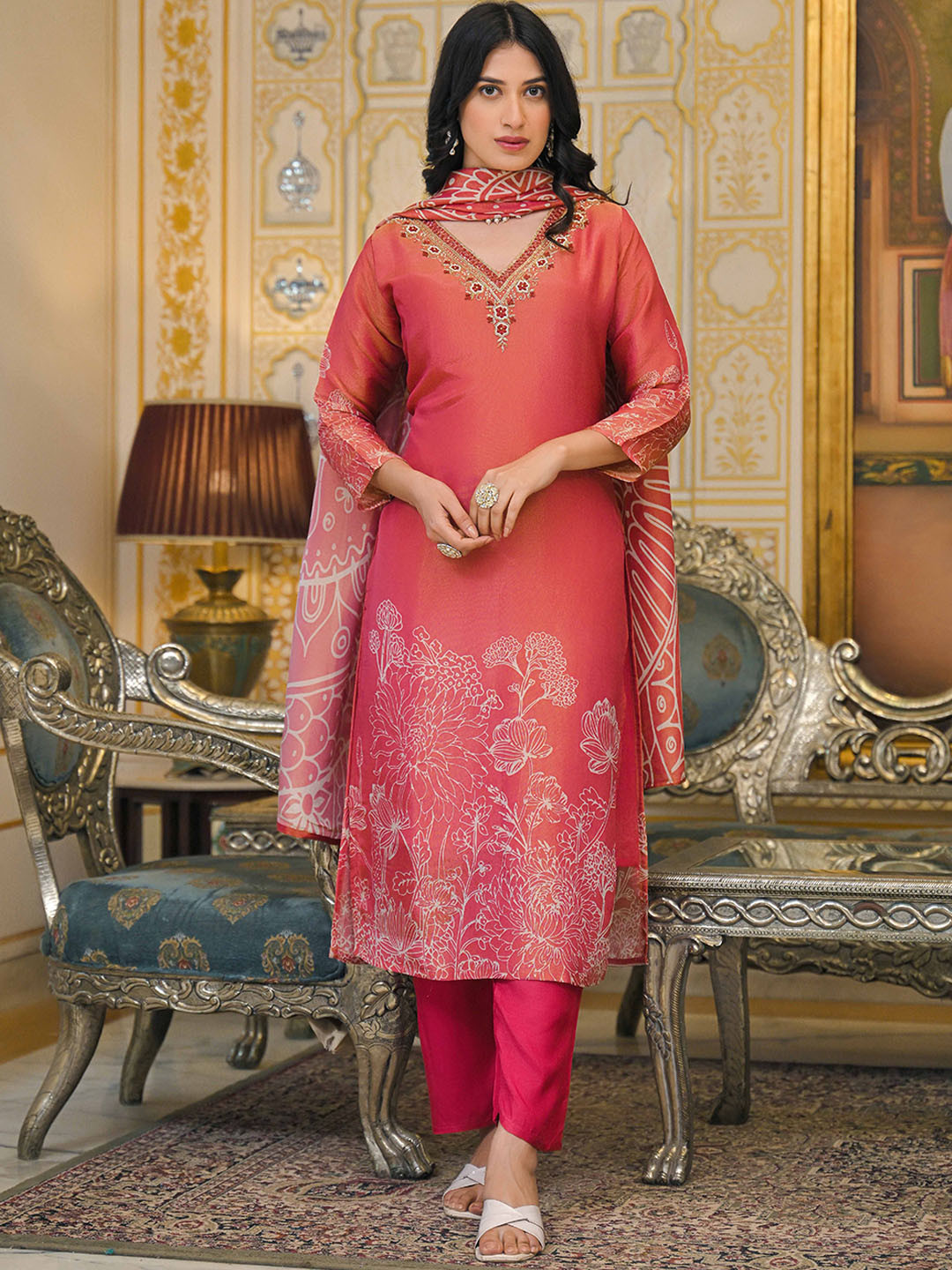Anouk Orange Floral Embroidered Beads and Stones Straight Kurta with Trousers & Dupatta