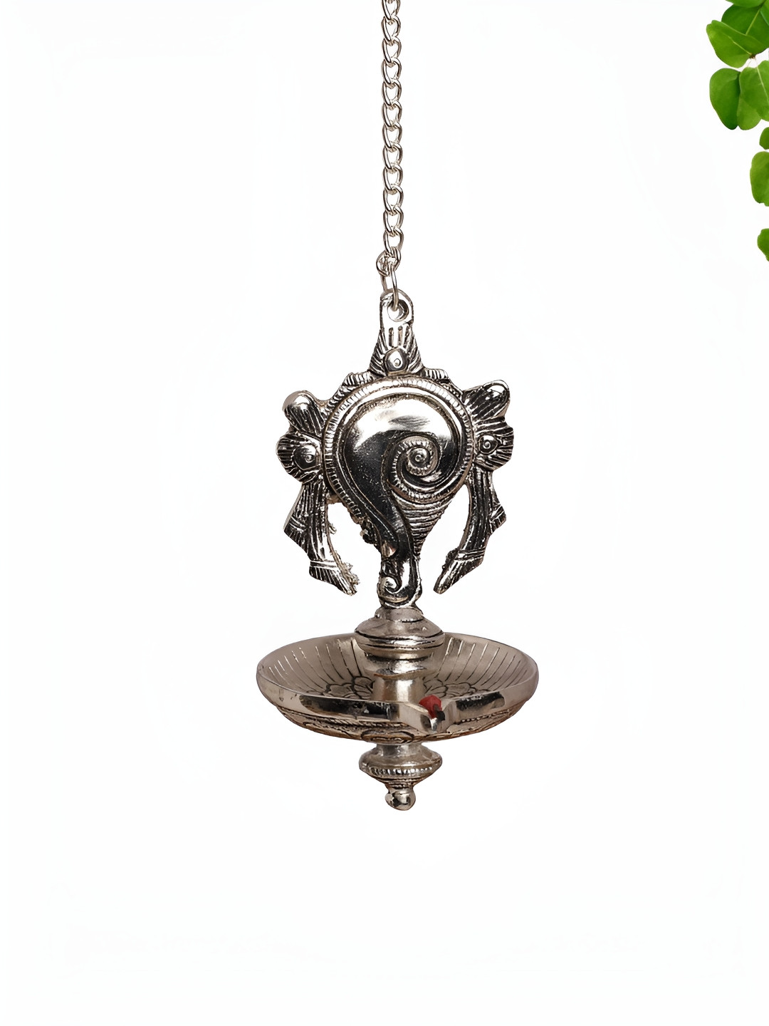 INTERNATIONAL GIFT Hanging Shankh Diya with Chain Hook Silver Metal Metallic Prayer Room Medium Showpiece - 2.4 Inches