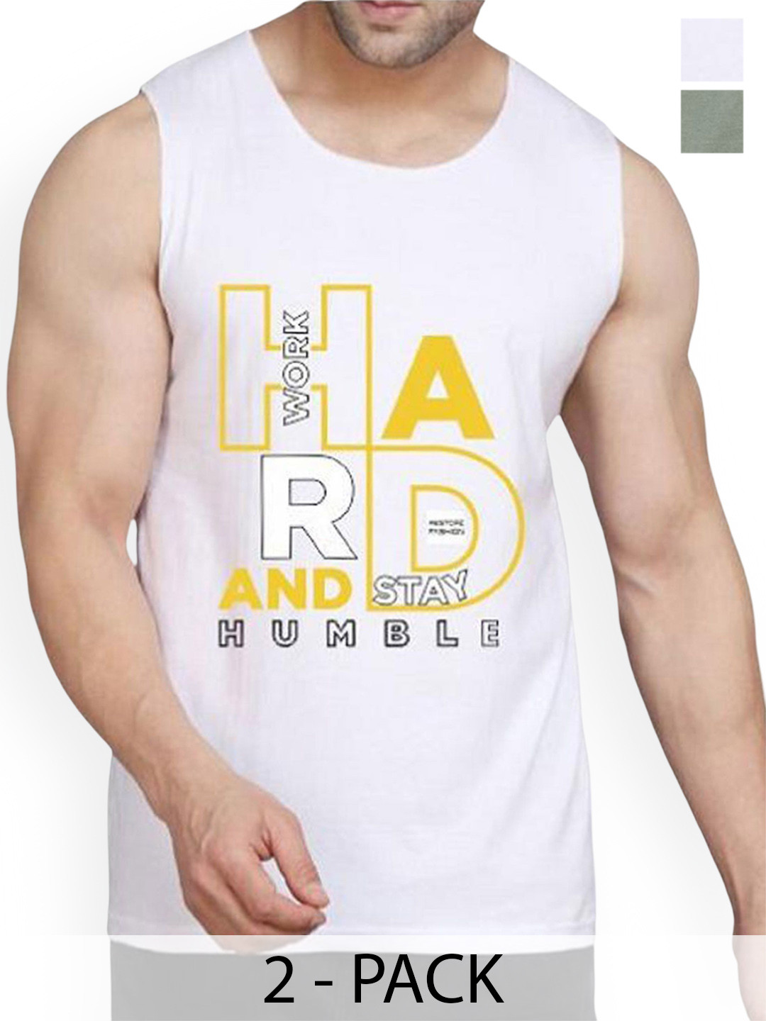 WOOSTRO Pack Of 2 Printed Combed Cotton Gym VestRS26 CMB (MORE LGTGREEN) (HARD WHITE)