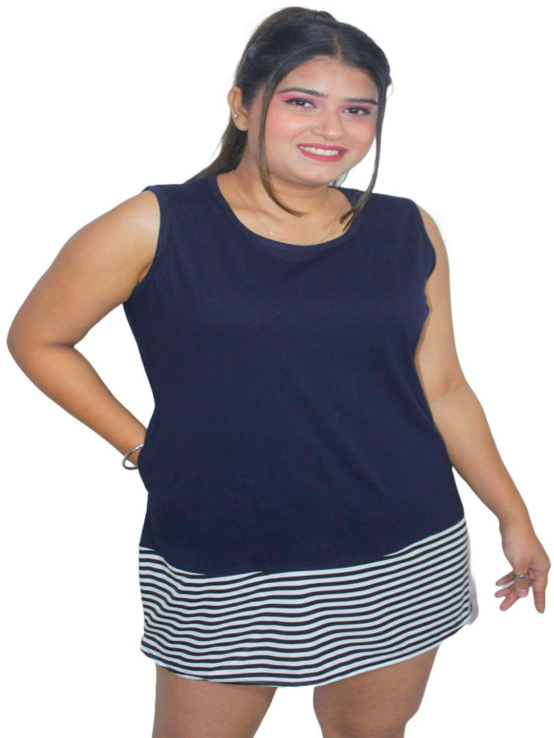 PINK SHELL Women Striped Raw Edge T-shirt