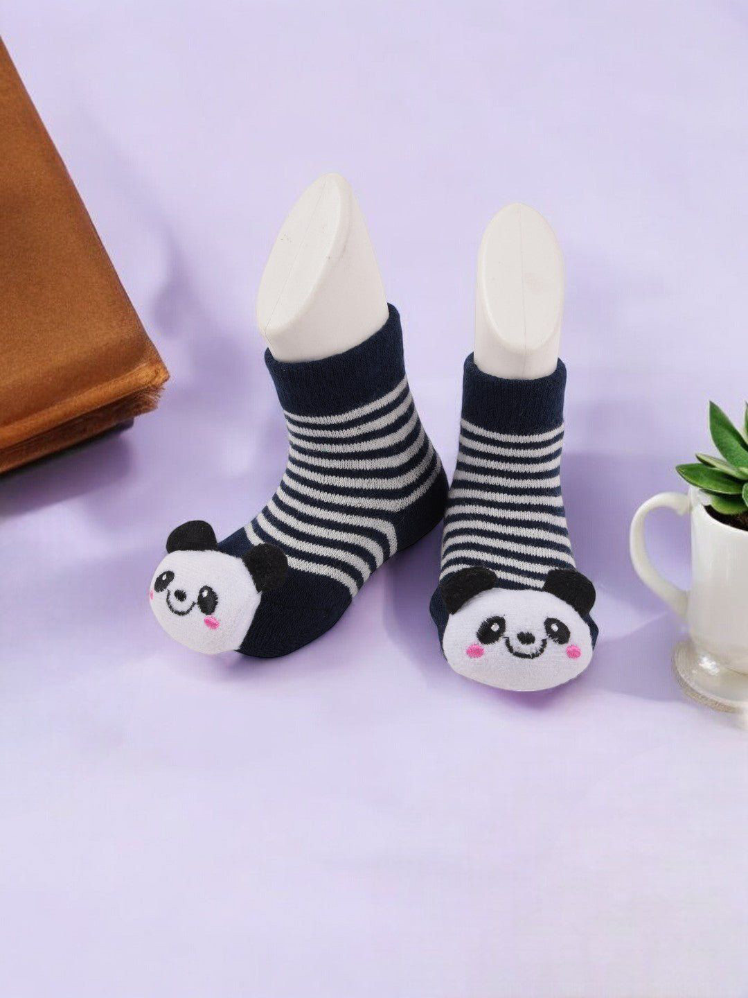 Yellow Bee Boys Striped Cotton Above Ankle Length Socks With 3D Panda Face