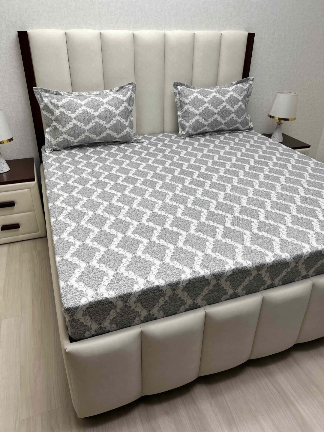 Pure Decor Royal Passion Grey Ethnic Motifs Pure Cotton 400 TC Queen Superfine Bedsheet with 2 Pillow Covers-90 x 100 inches