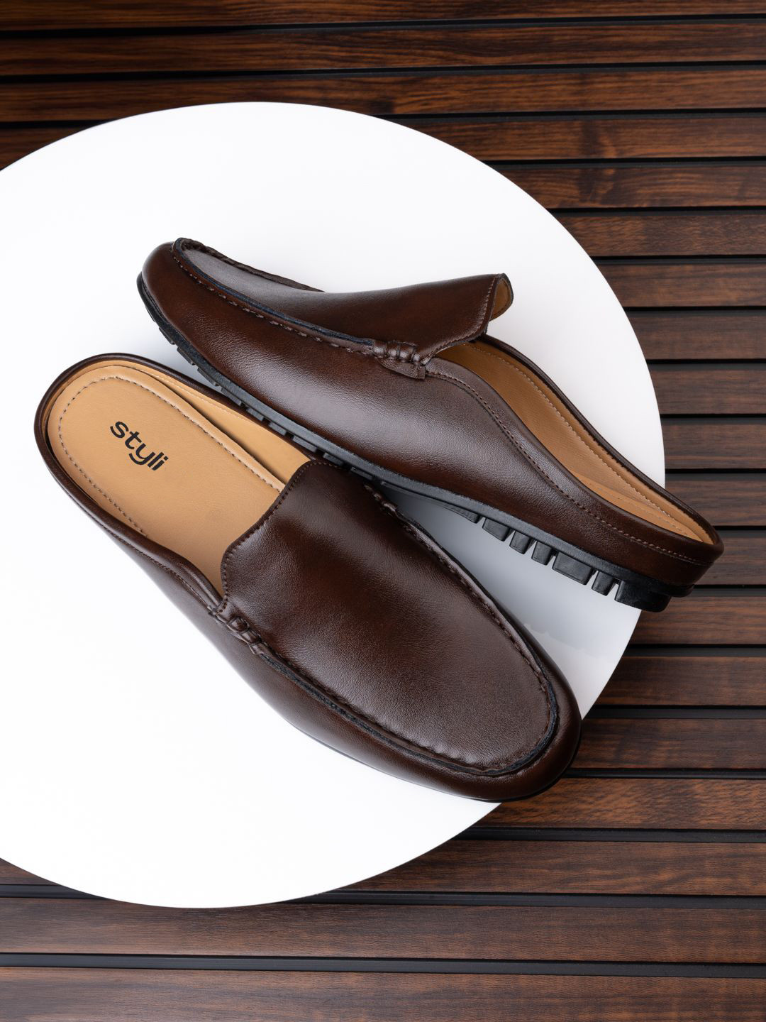 Styli Men Faux Tanned Leather Mules