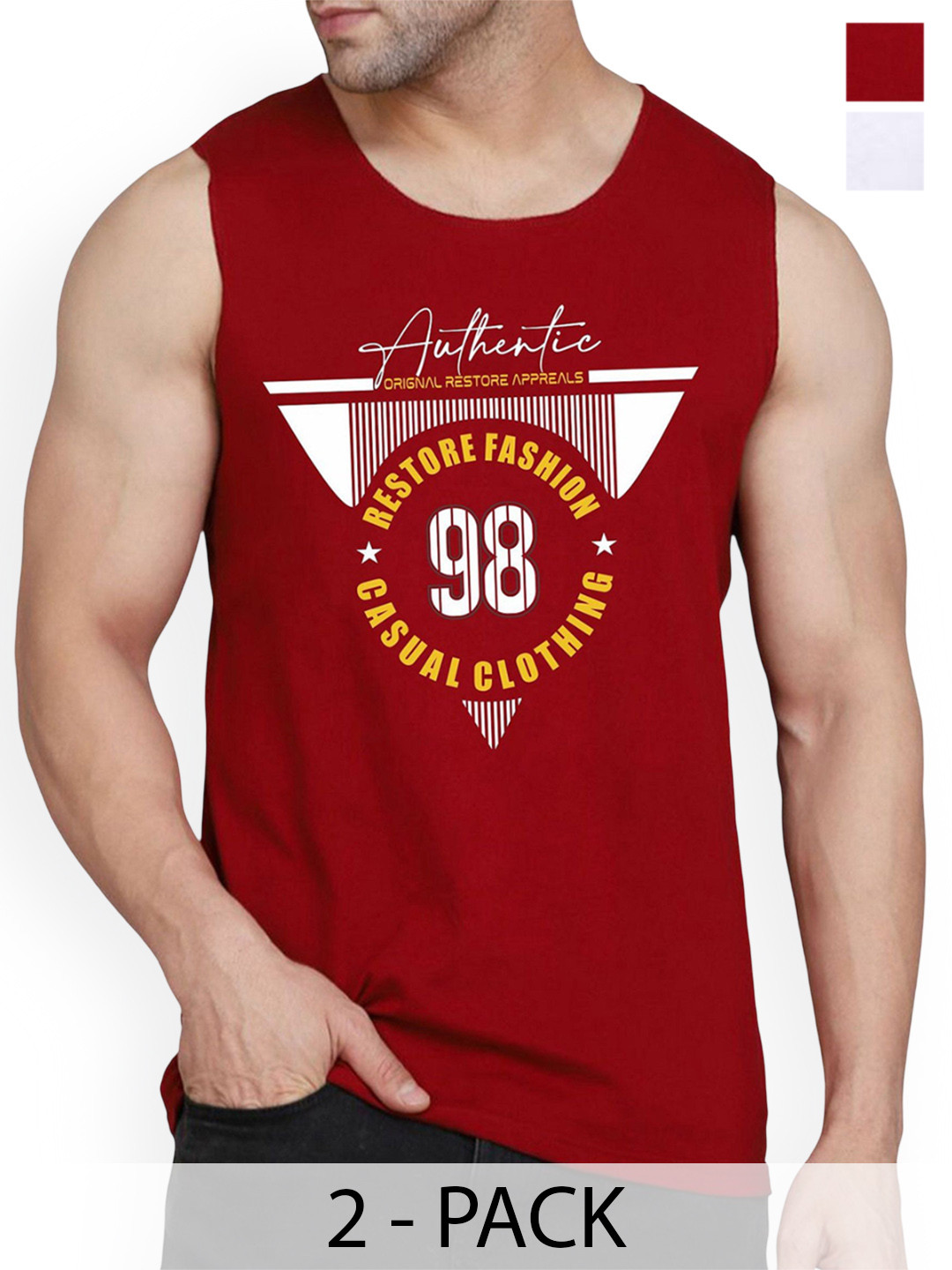 WOOSTRO Pack Of 2 Printed Combed Cotton Gym Vest RS26 CMB (HARD WHITE) (98 MAROON)
