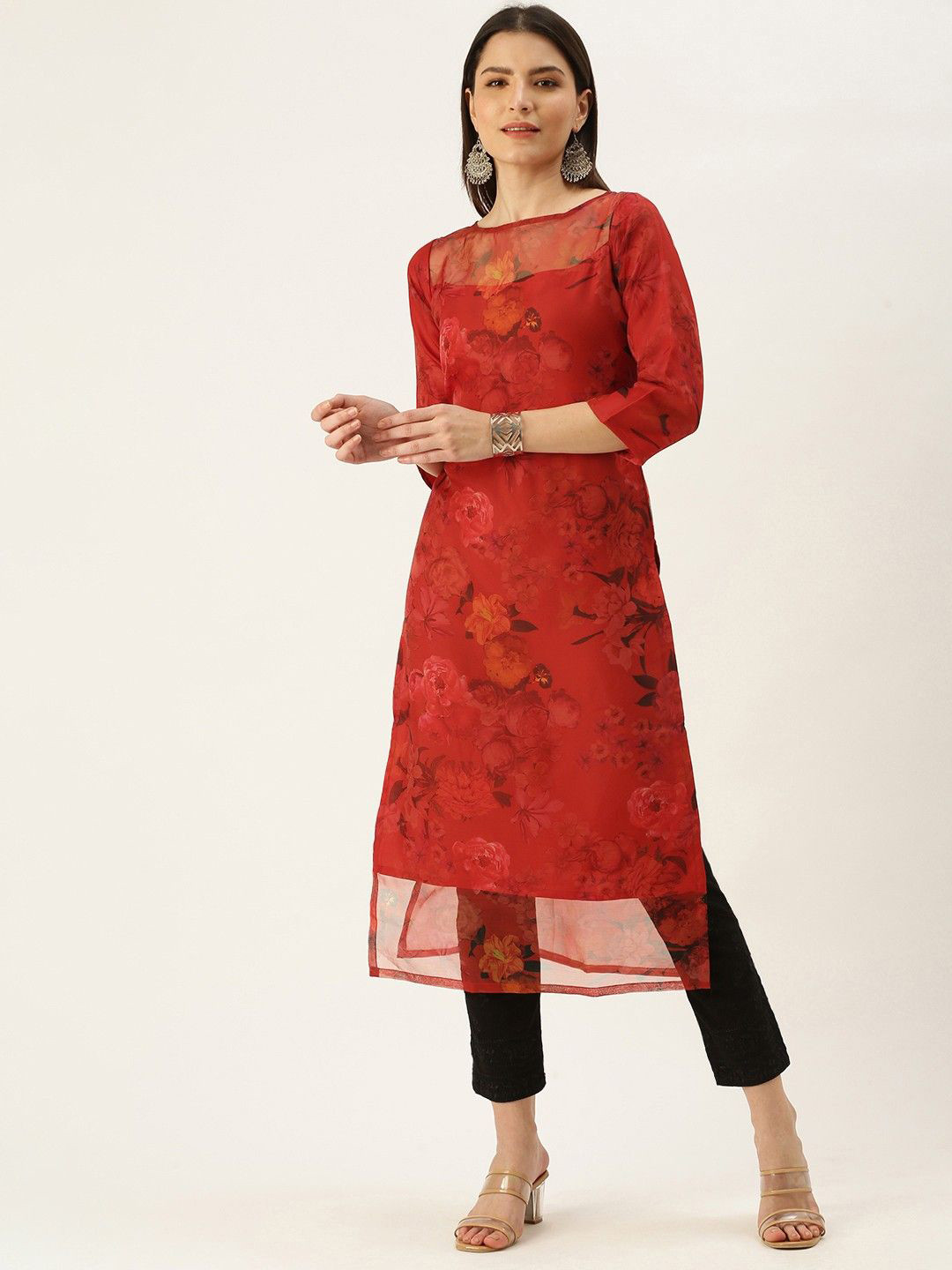 Ethnovog Floral Printed Sheer Boat Neck Organza Straight Kurta