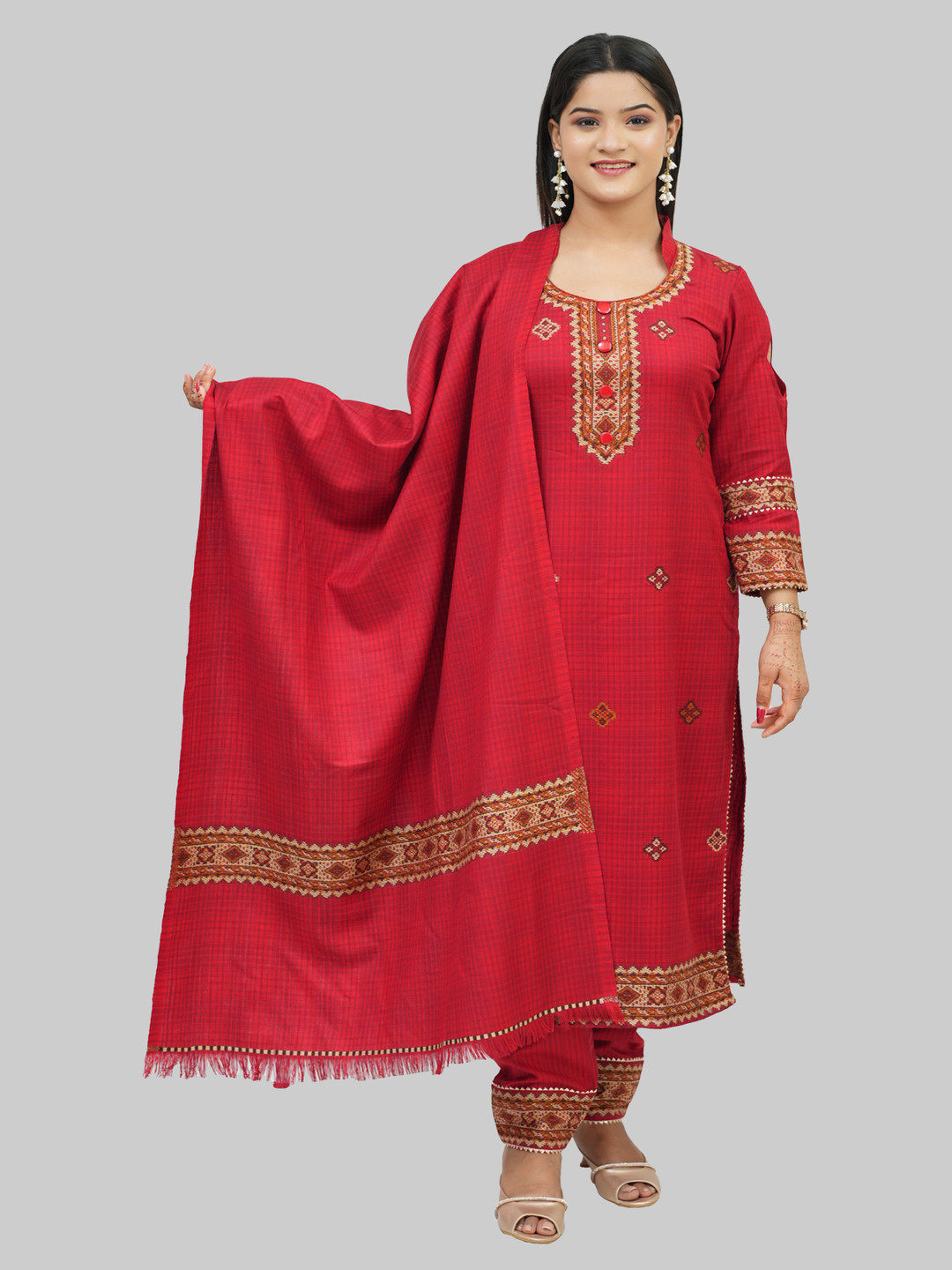 Tones-N-Shades Checked Woven Design Velvet Unstitched Dress Material