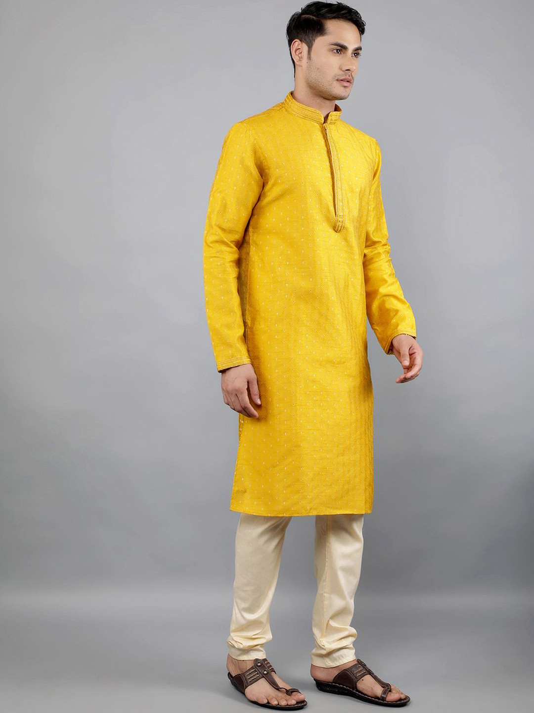 Manish Creations Men's Floral Woven Design Jacquard Straight Kurta With Churidar Set