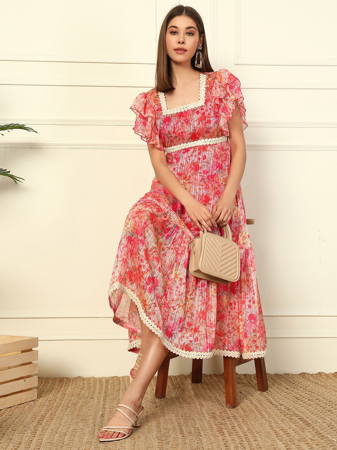 DEEBACO Women Floral Printed Georgette Fit & Flare Midi Dress