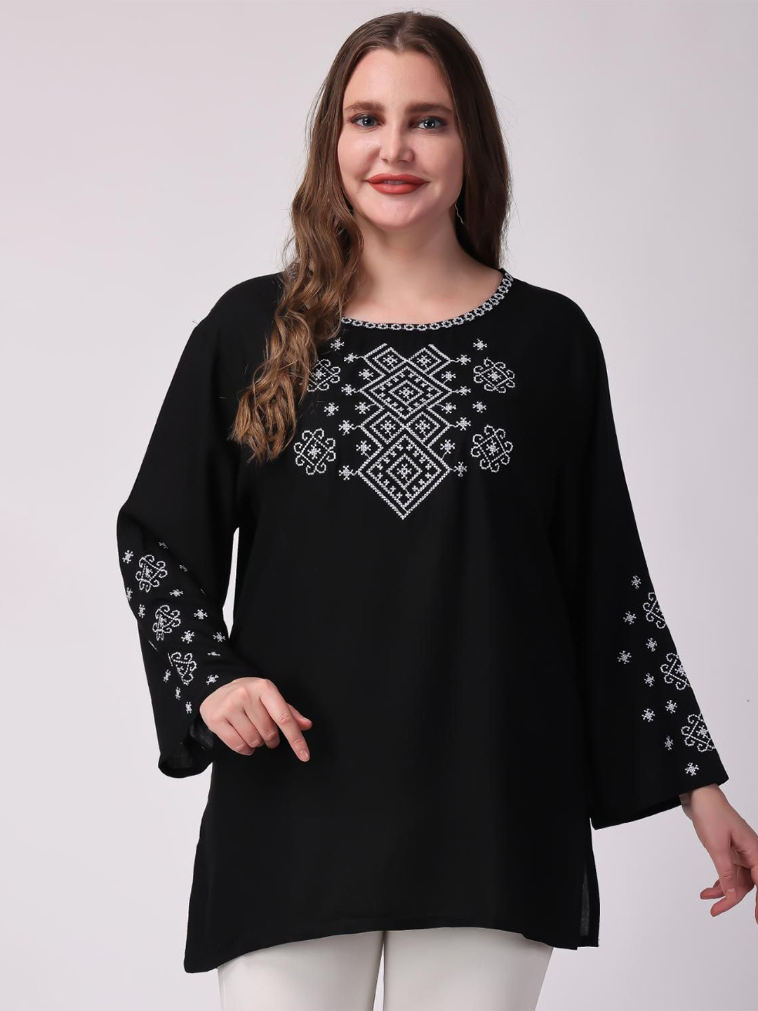 VAAMII Women Embroidered Bell Sleeve Plus Size Top