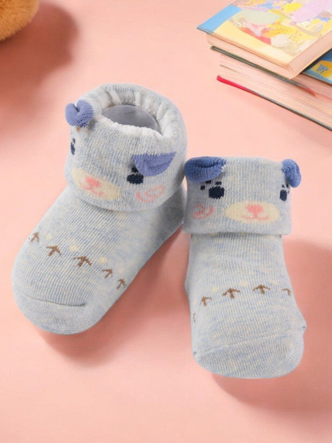 Yellow Bee Boys Bear Face and Ear Patterned Non-Slip Ankle Length Socks