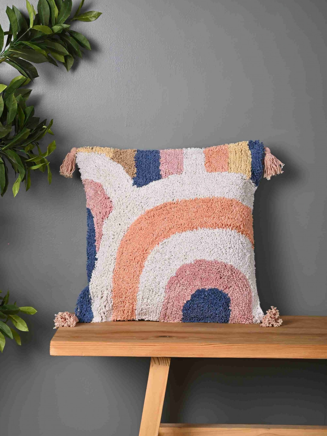 Aura Cream & Peach Geometric Embroidered Square Tasseled Cushion Cover