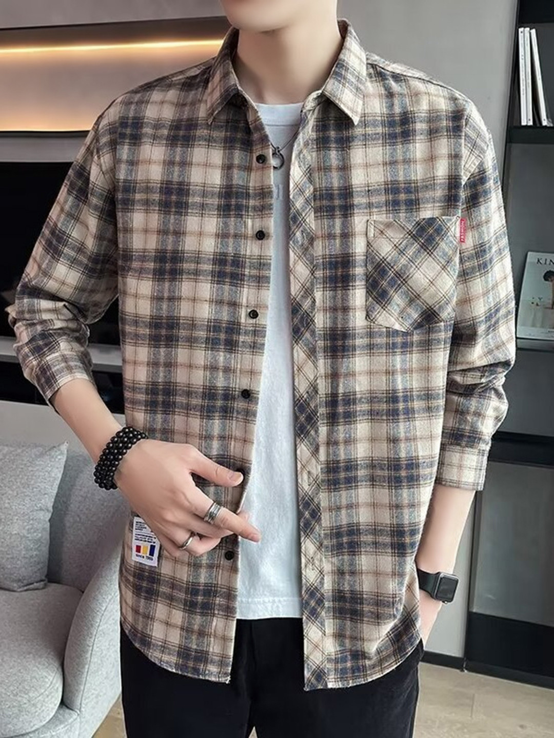 HERE&NOW Men Standard Relaxed Fit Spread Collar Tartan Checked Cotton Casual Shirt