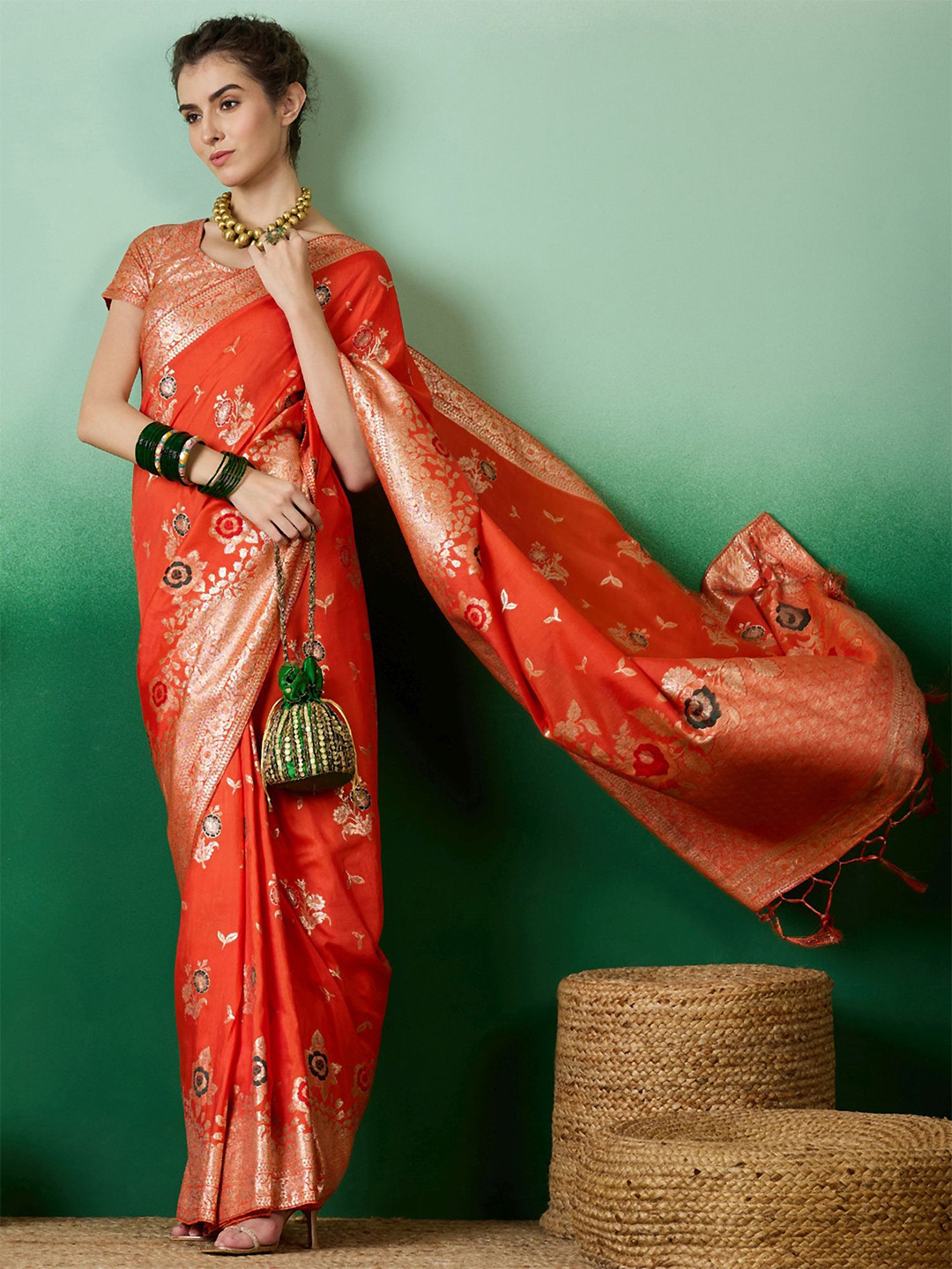 DEVATITHI Orange Staple Dola Jacquard Saree