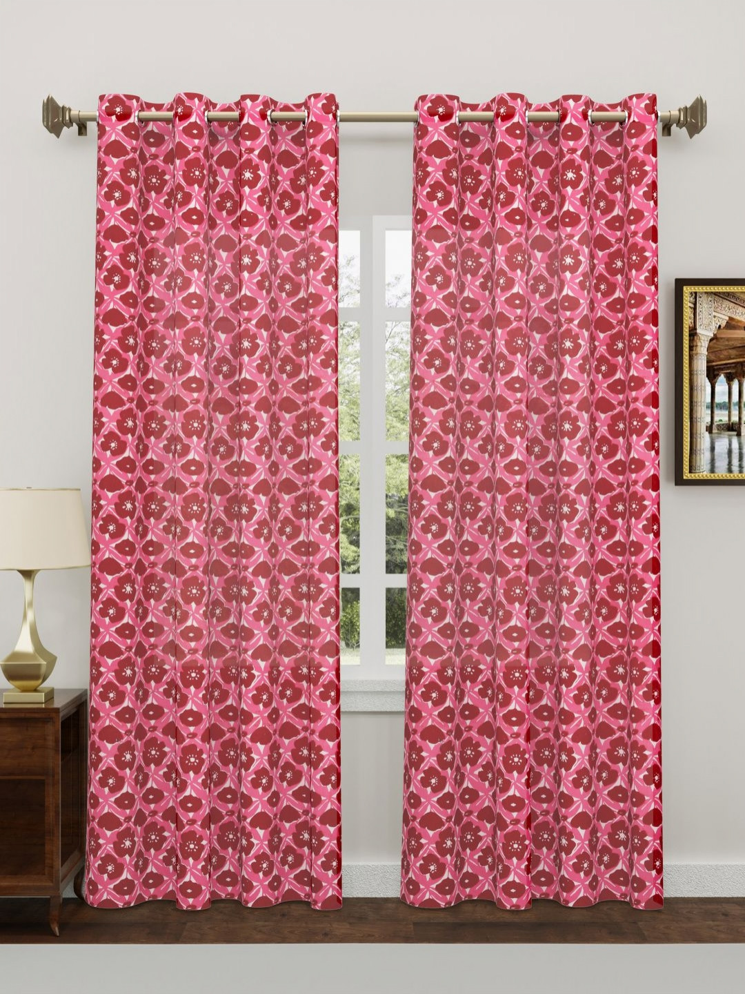 Myntra Elegant Homes Pink And Red 2 Pieces Floral Printed Cotton Door Curtain